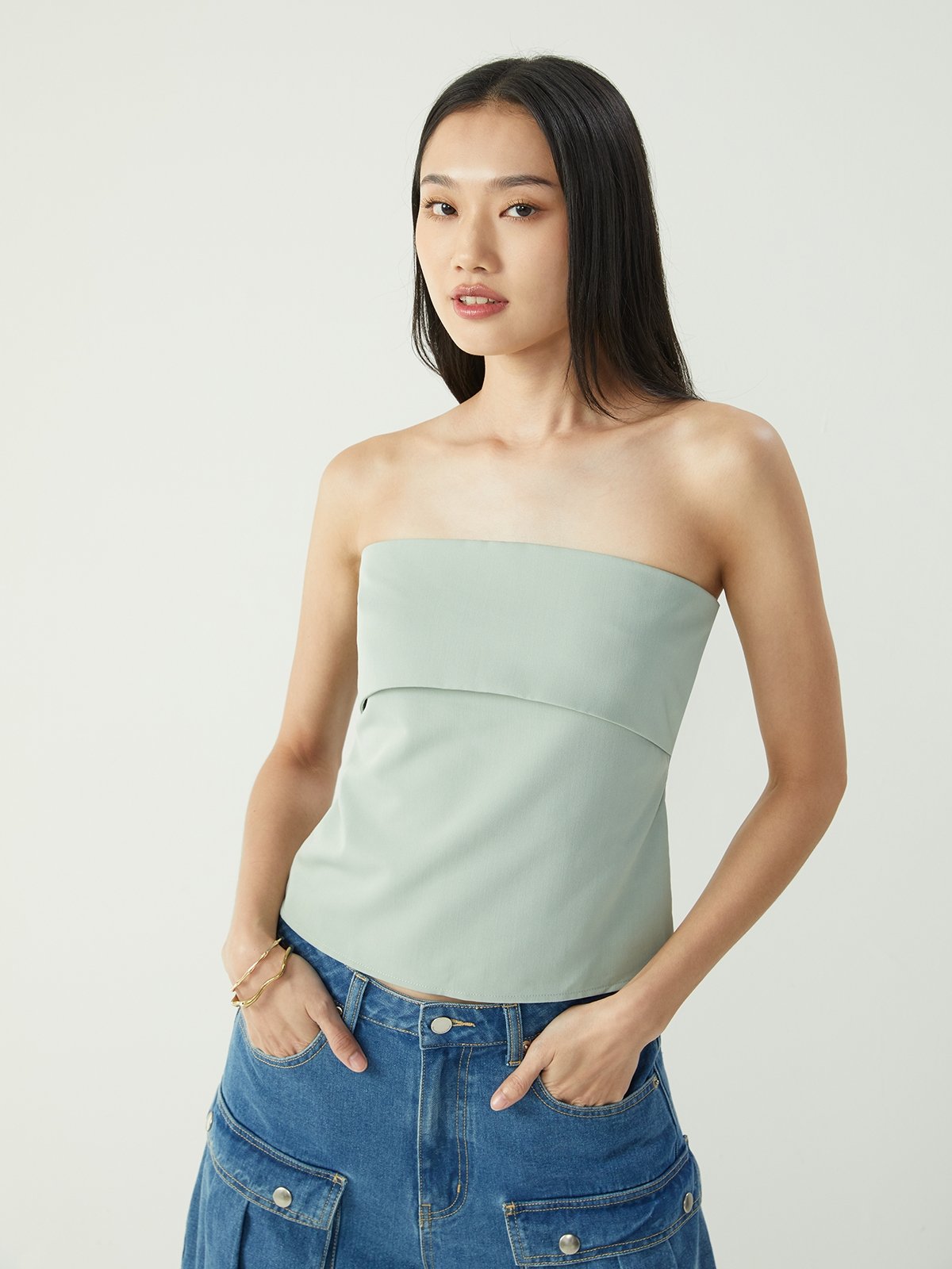 Fold Over Tube Top Green Pomelo Fashion