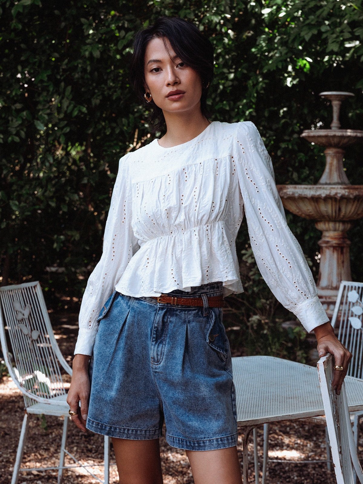 Long Sleeve Eyelet Blouse White Pomelo Fashion