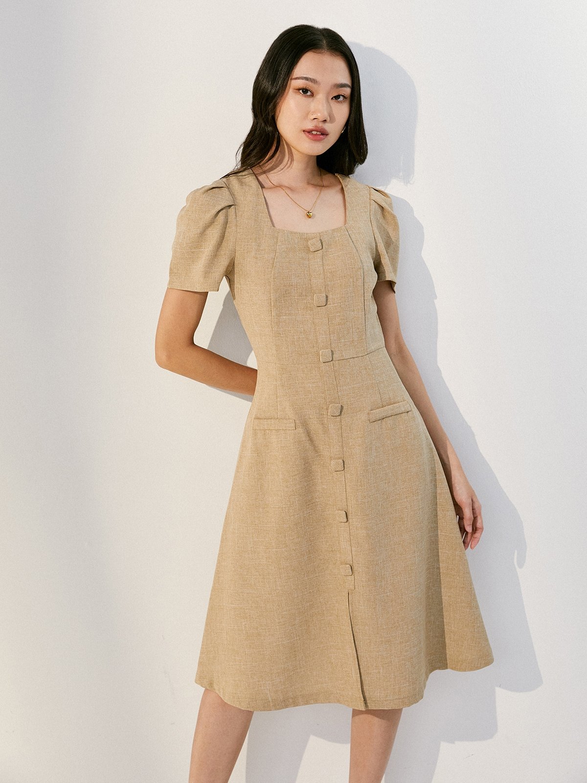 Front Button Midi Dress Beige Pomelo Fashion