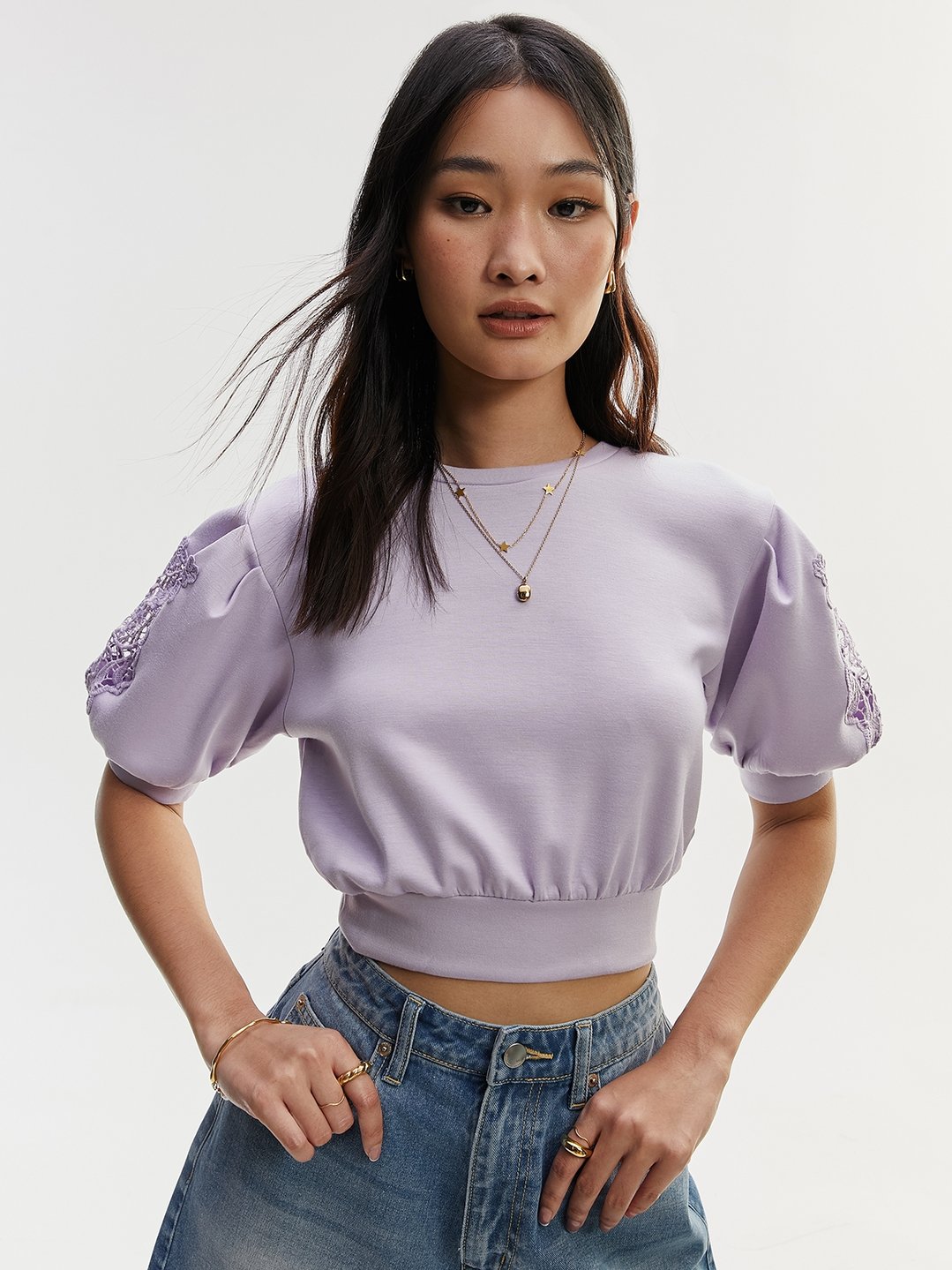 Puffed Lace Detail Crop Top - Lilac - Pomelo Fashion