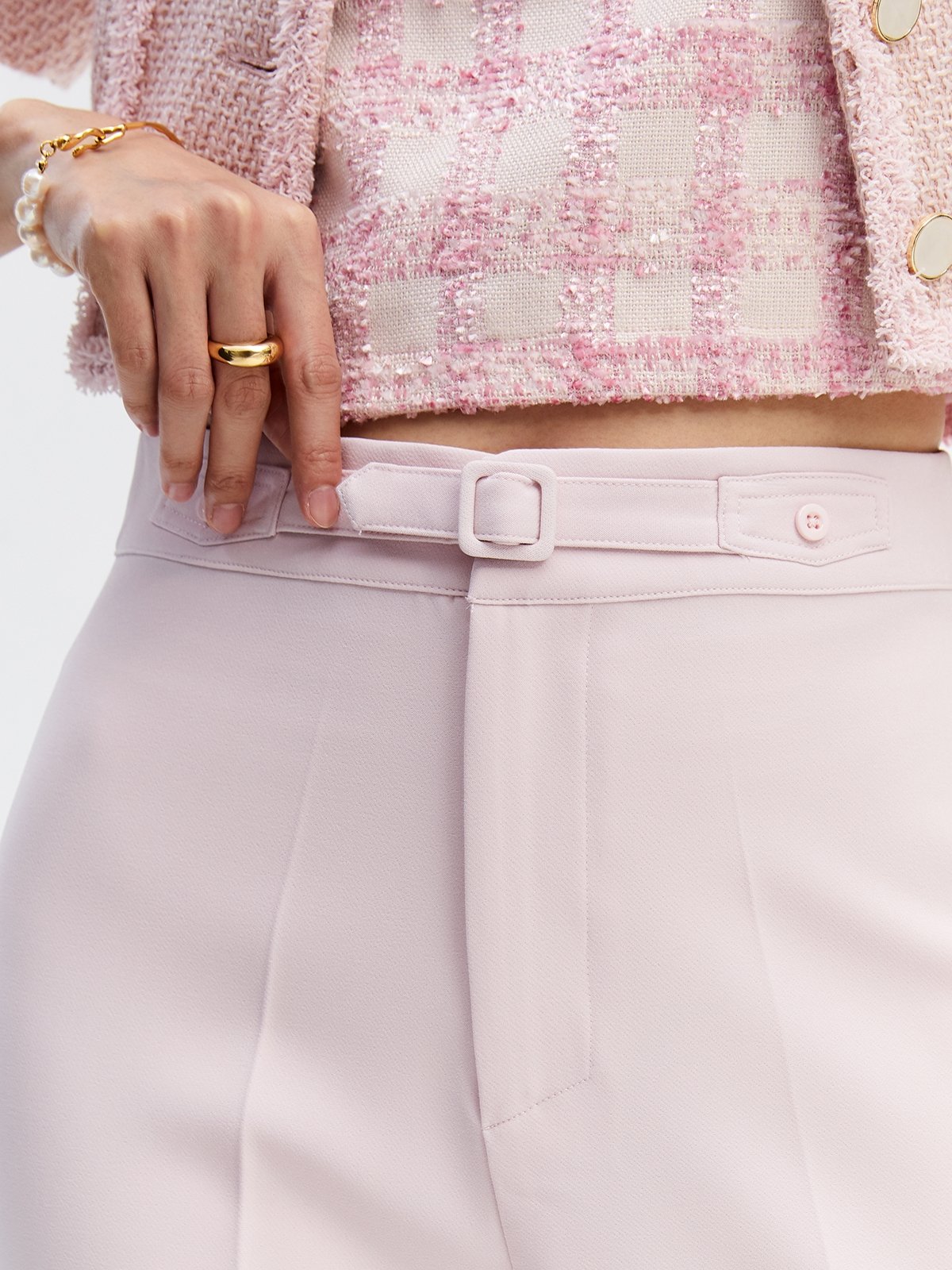 Belt Detail Straight Leg Pants - Pink - Pomelo Fashion