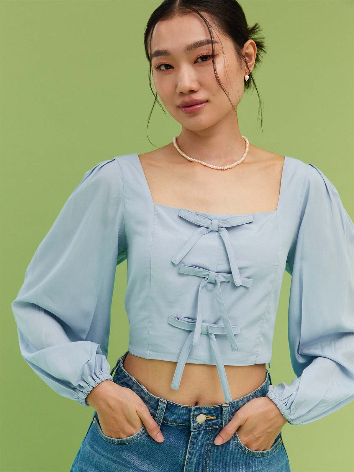 bow-tie-cropped-blouse-blue-pomelo-fashion