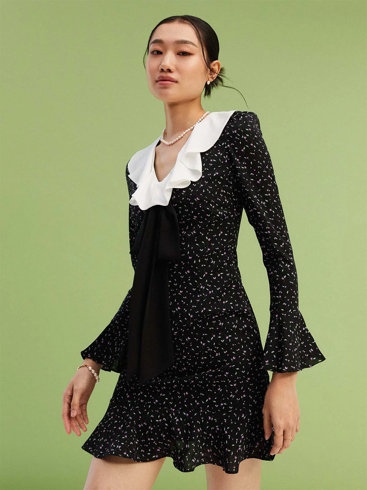 Mini Pomelo Floral Mini Dress - Black - Pomelo Fashion