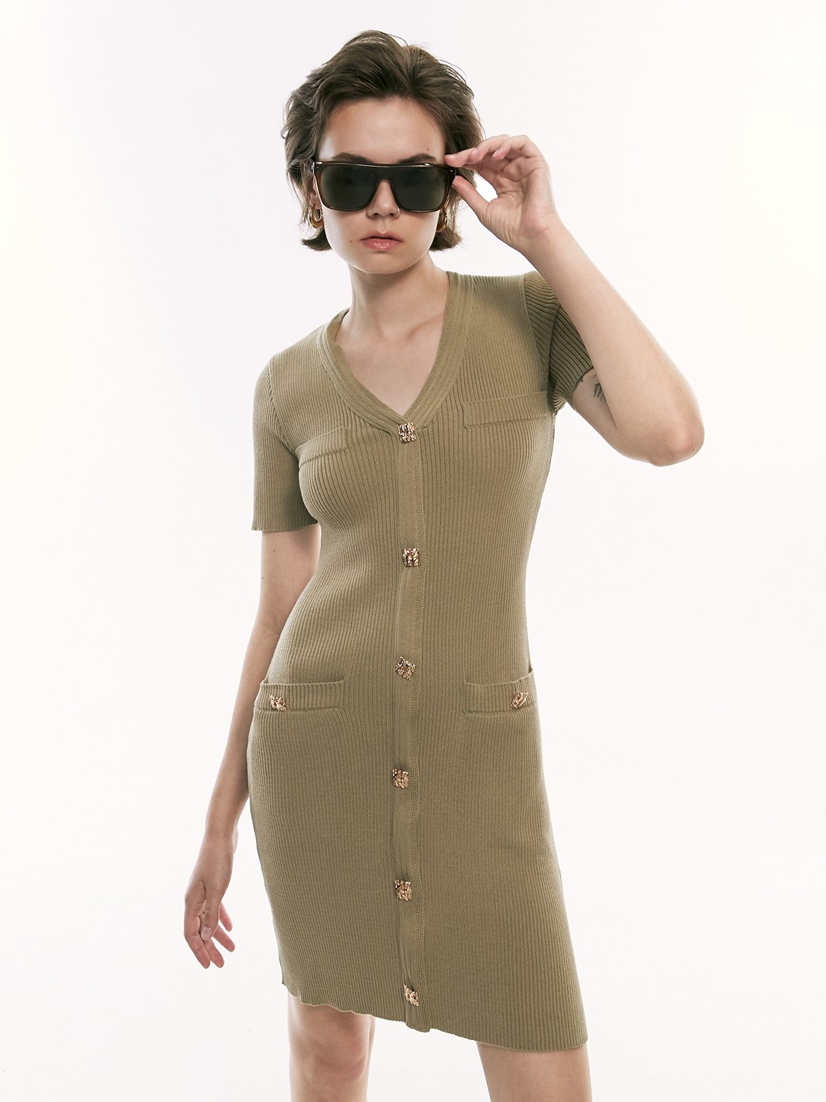 Front Button Mini Dress Beige Pomelo Fashion