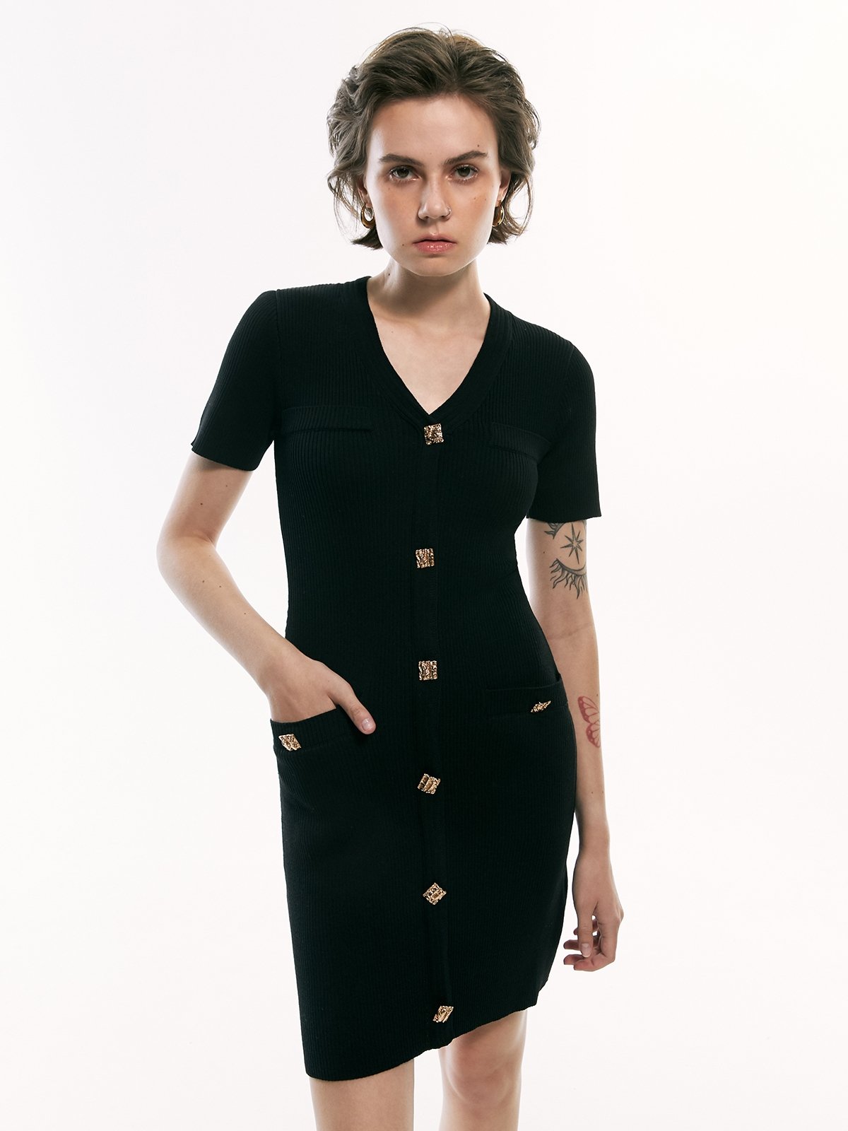 Front Button Mini Dress Black Pomelo Fashion