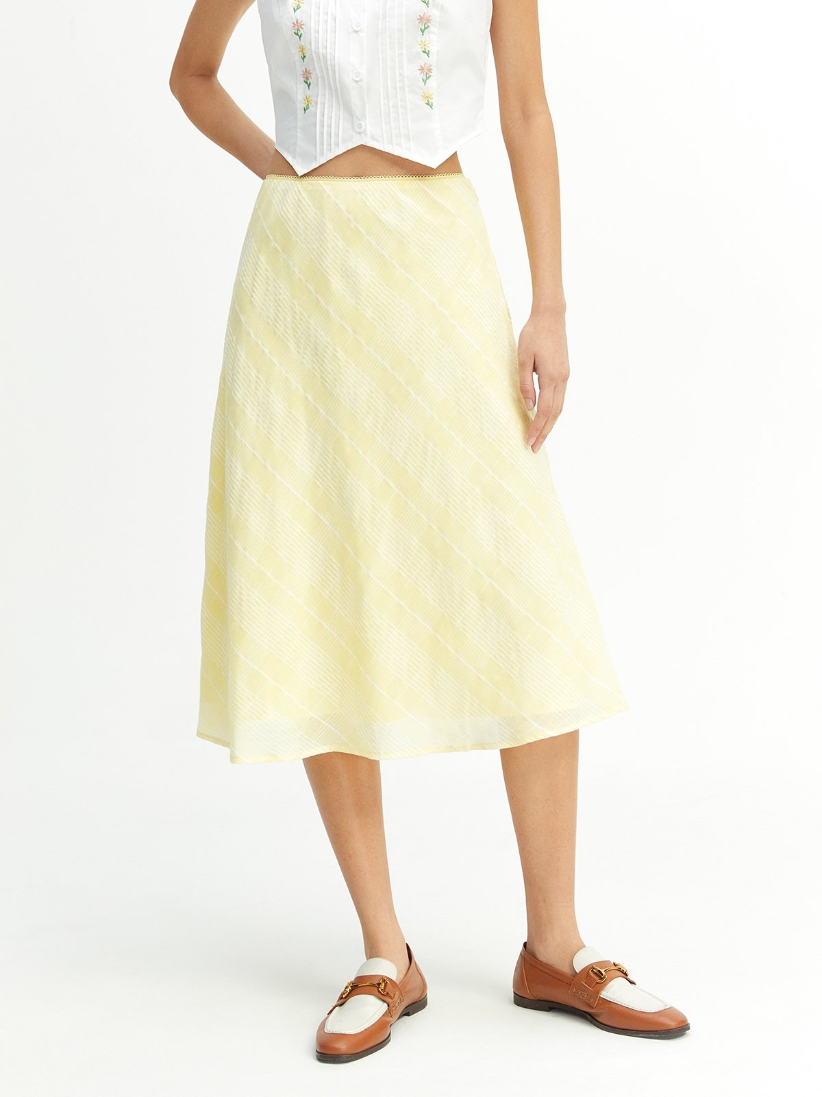 Plaid Midi Skirt Yellow Pomelo Fashion