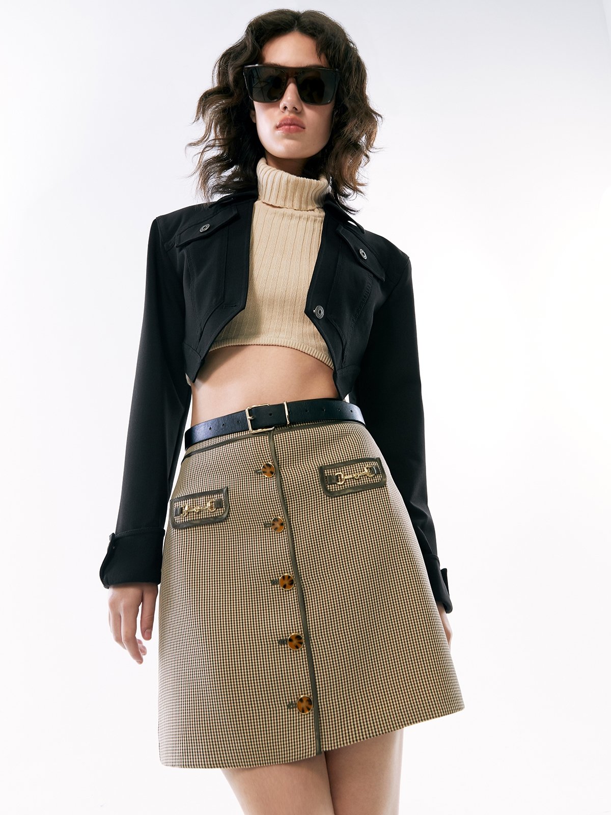 Button Detail Mini Skirt Brown Pomelo Fashion