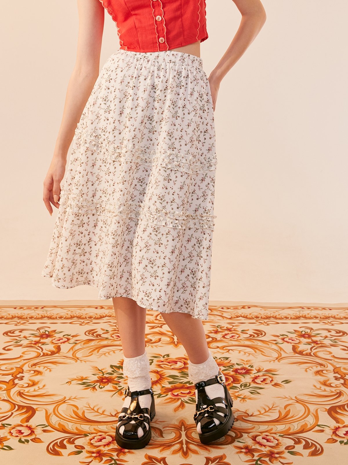 Floral Frill Midi Skirt White Pomelo Fashion