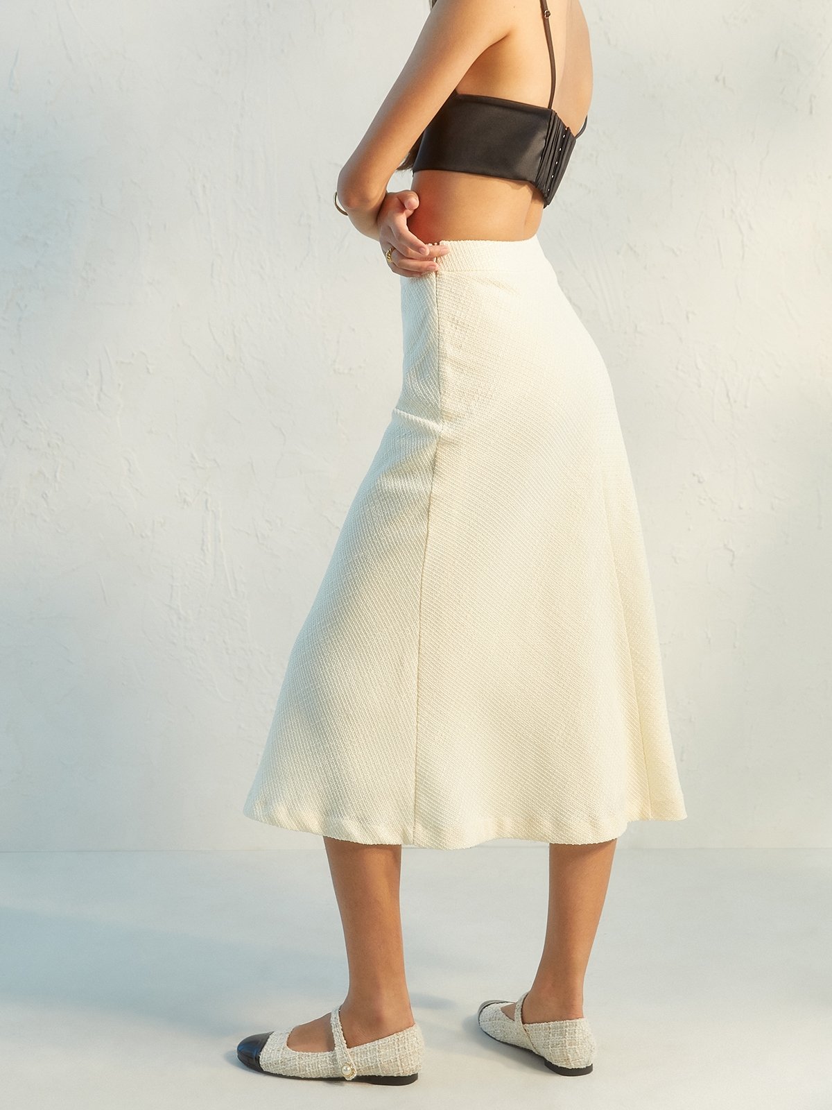 Tweed Midi Skirt - Cream - Pomelo Fashion
