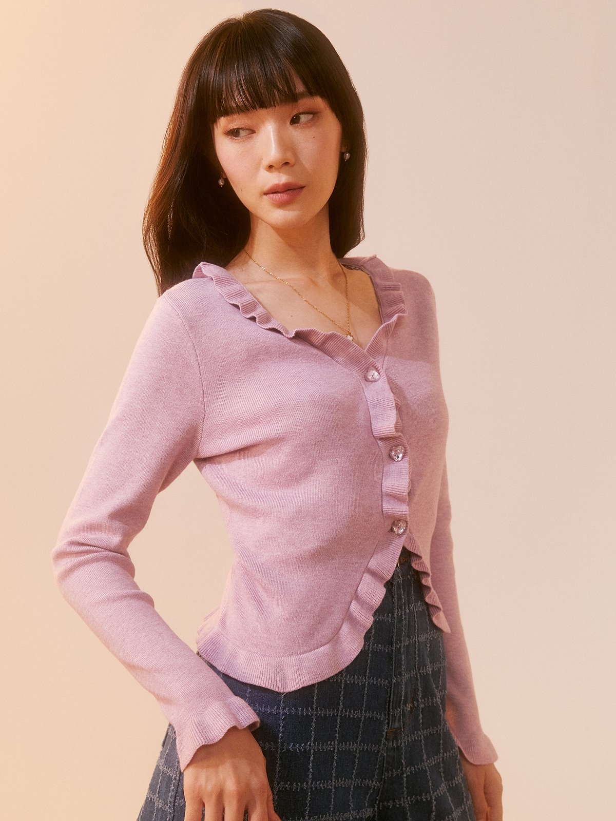 Frilled Hem Cardigan Lilac Pomelo Fashion