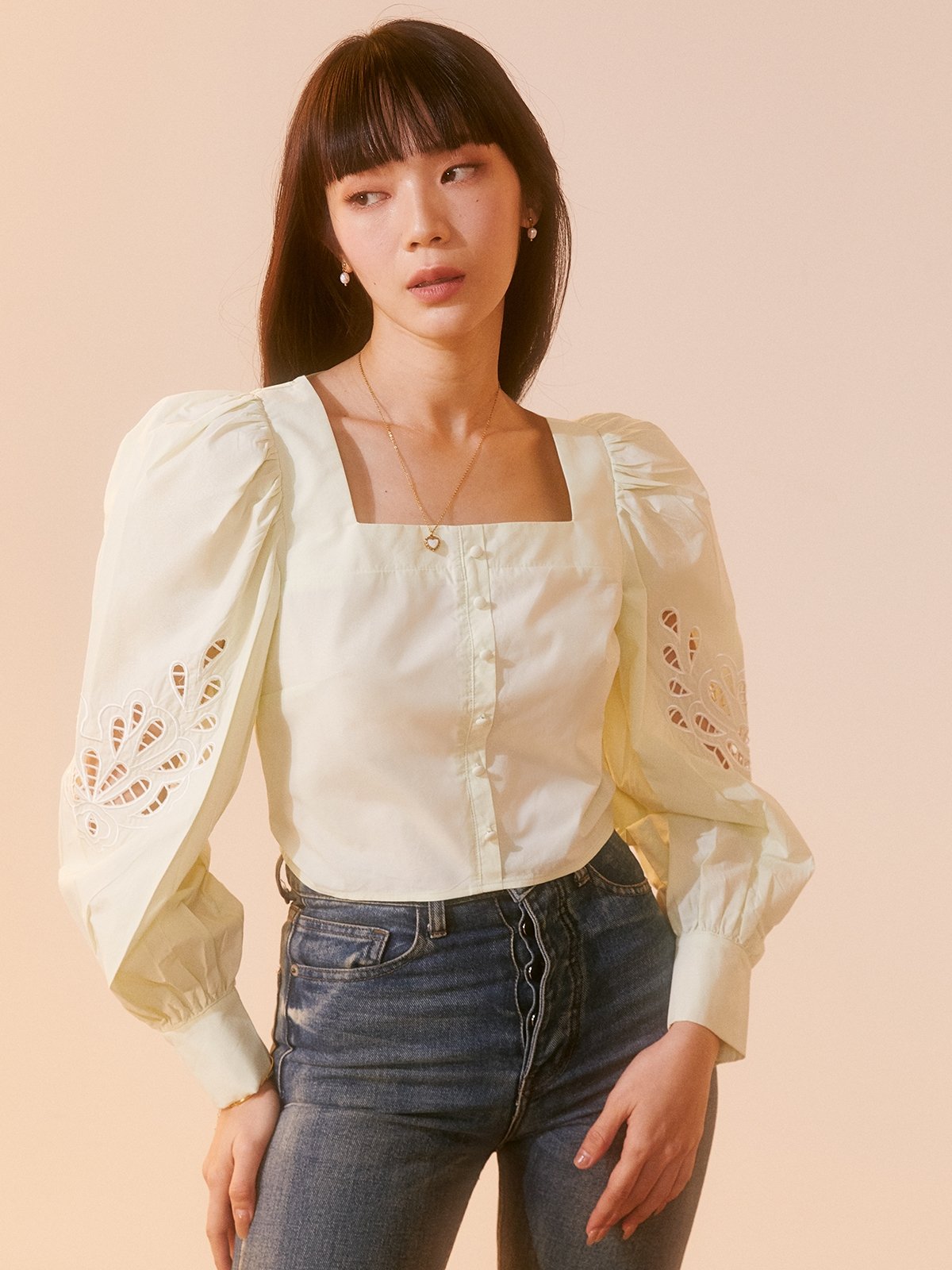Eyelet Embroidery Puffed Sleeve Top Mint Pomelo Fashion