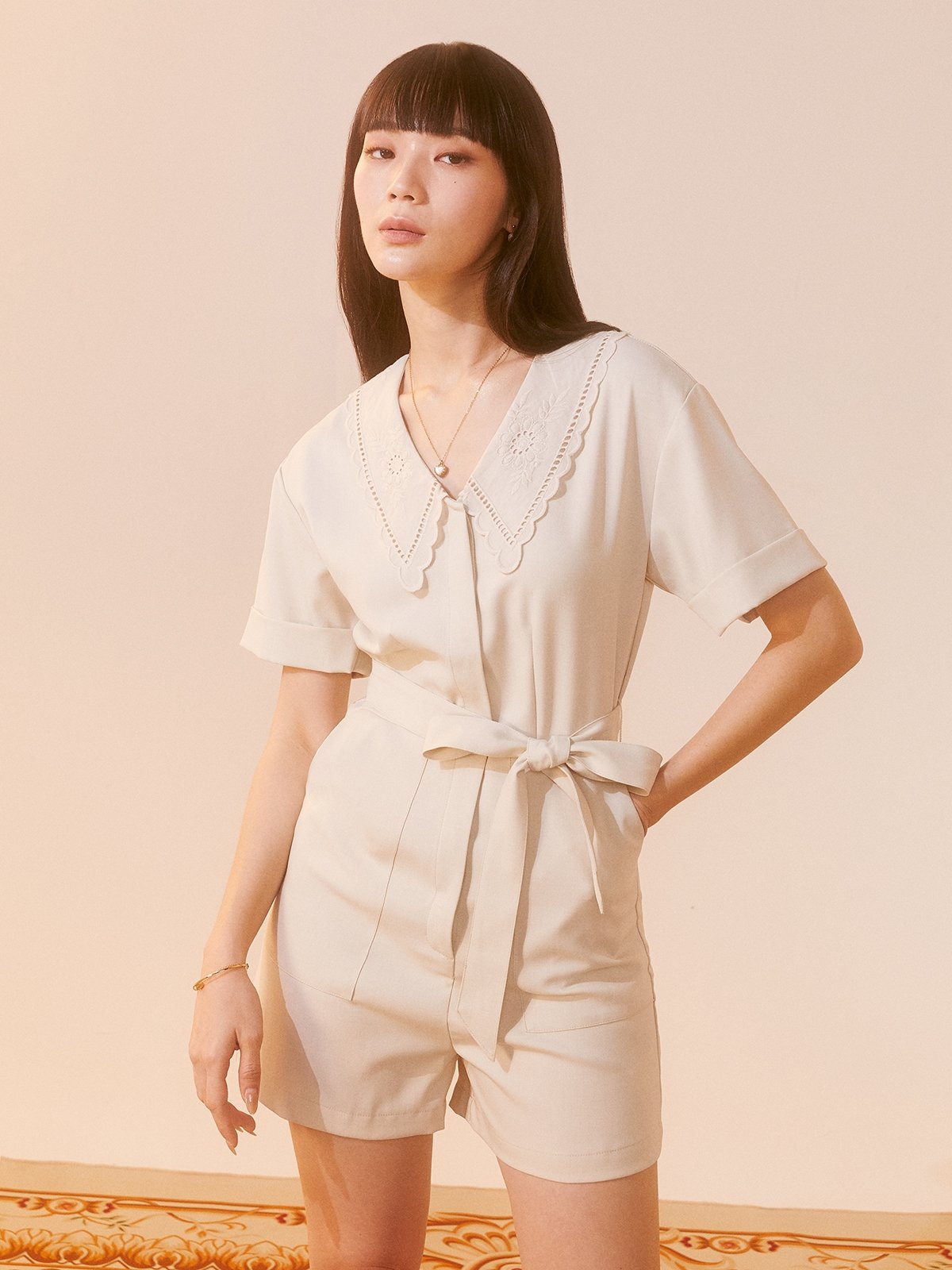 Scallop Collar Romper Beige Pomelo Fashion