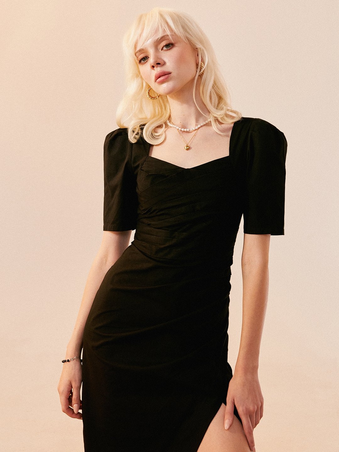 Floral Front Slit Cami Dress - Black - Pomelo Fashion