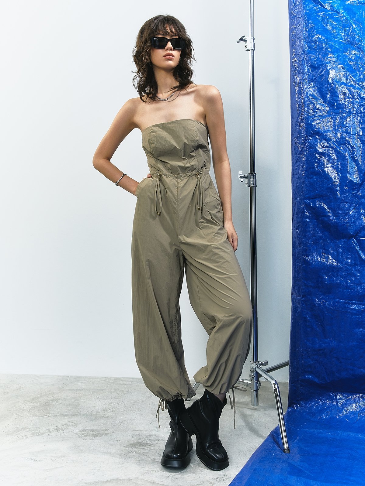 Drawstring Ruched Strapless Jumpsuit Brown Pomelo Fashion