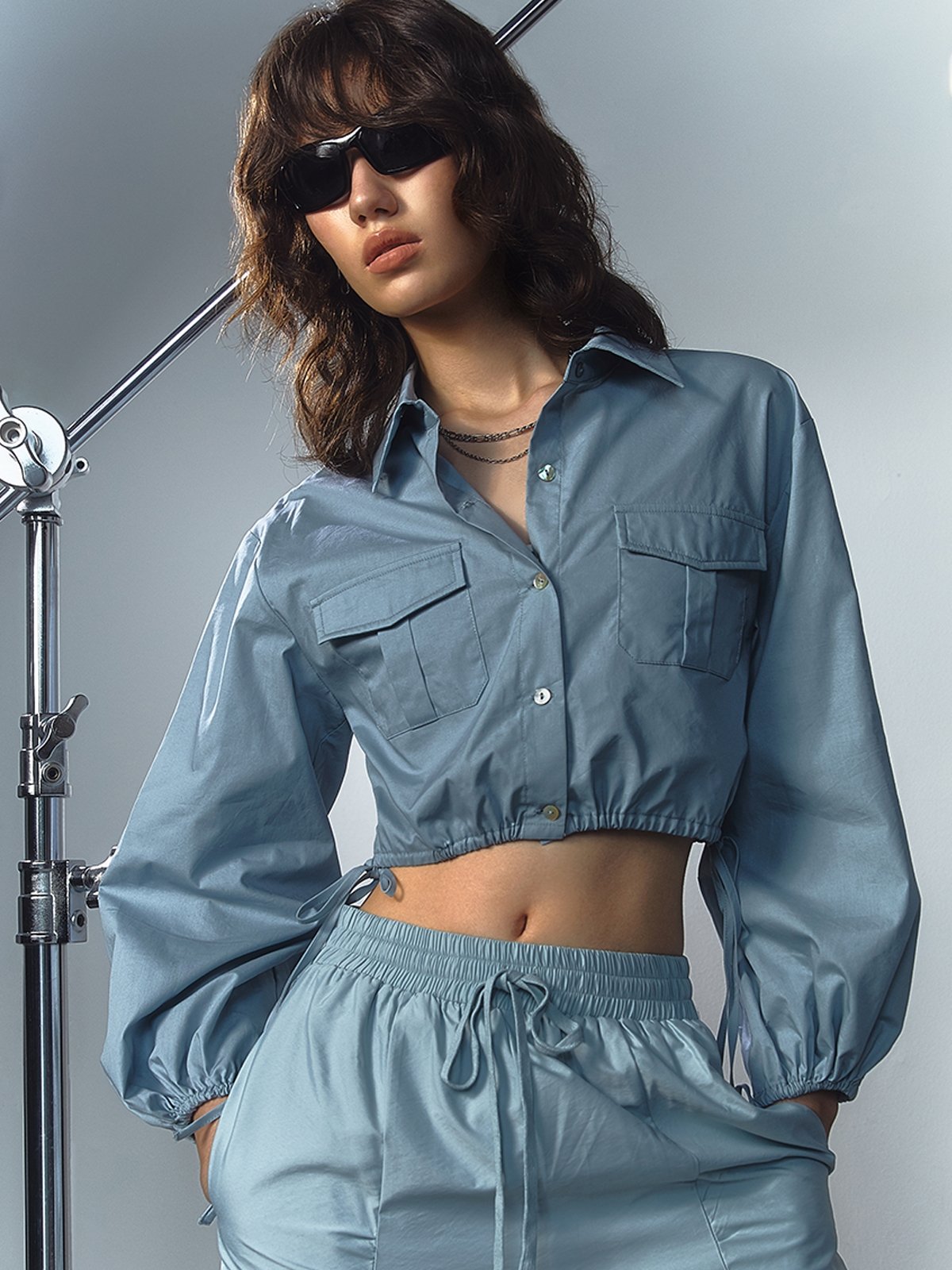 Short Sleeve Cropped Jacket - Blue - Pomelo Fashion