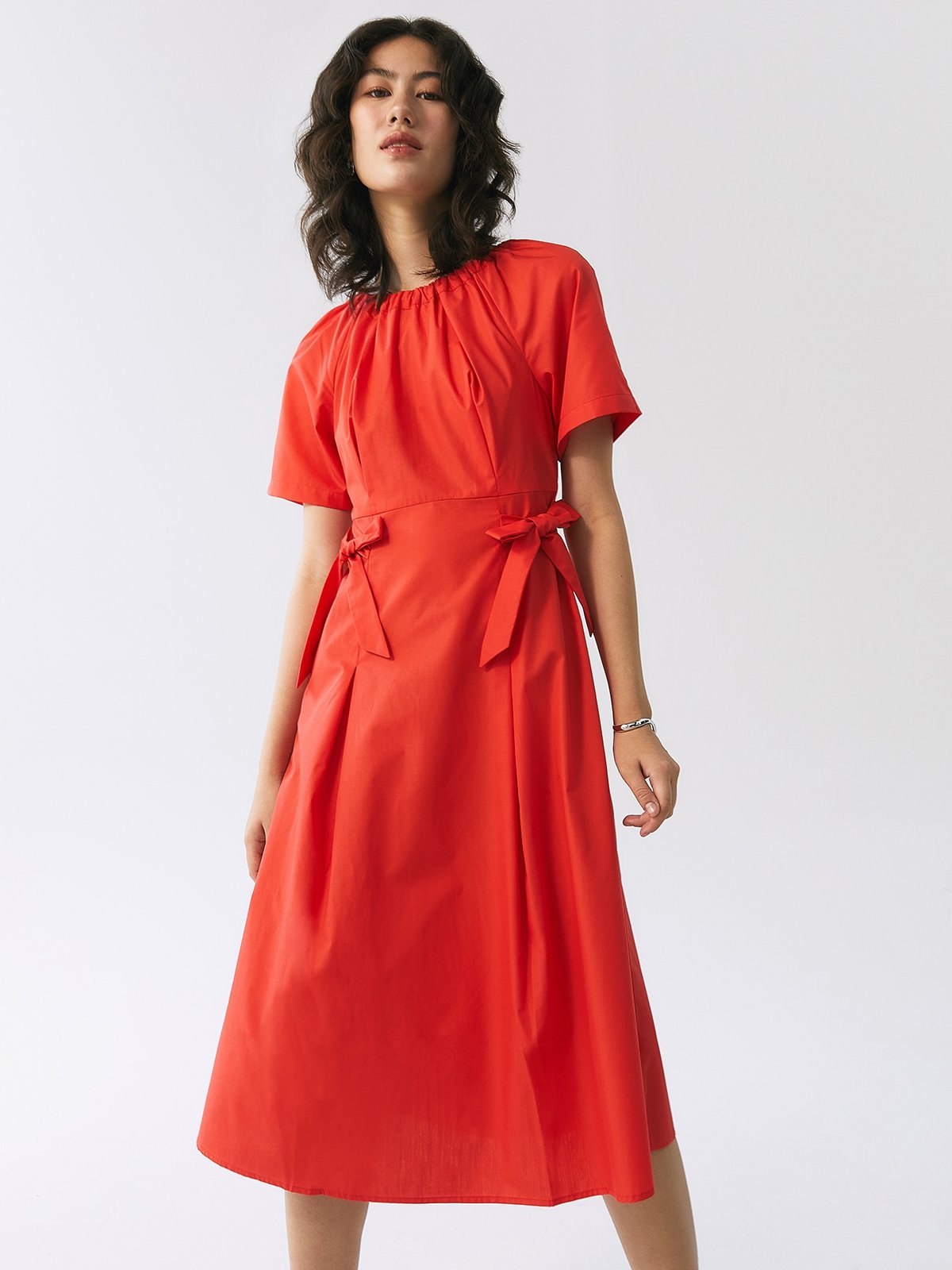 Ruched Waist Midi Dress - Red - Pomelo Fashion