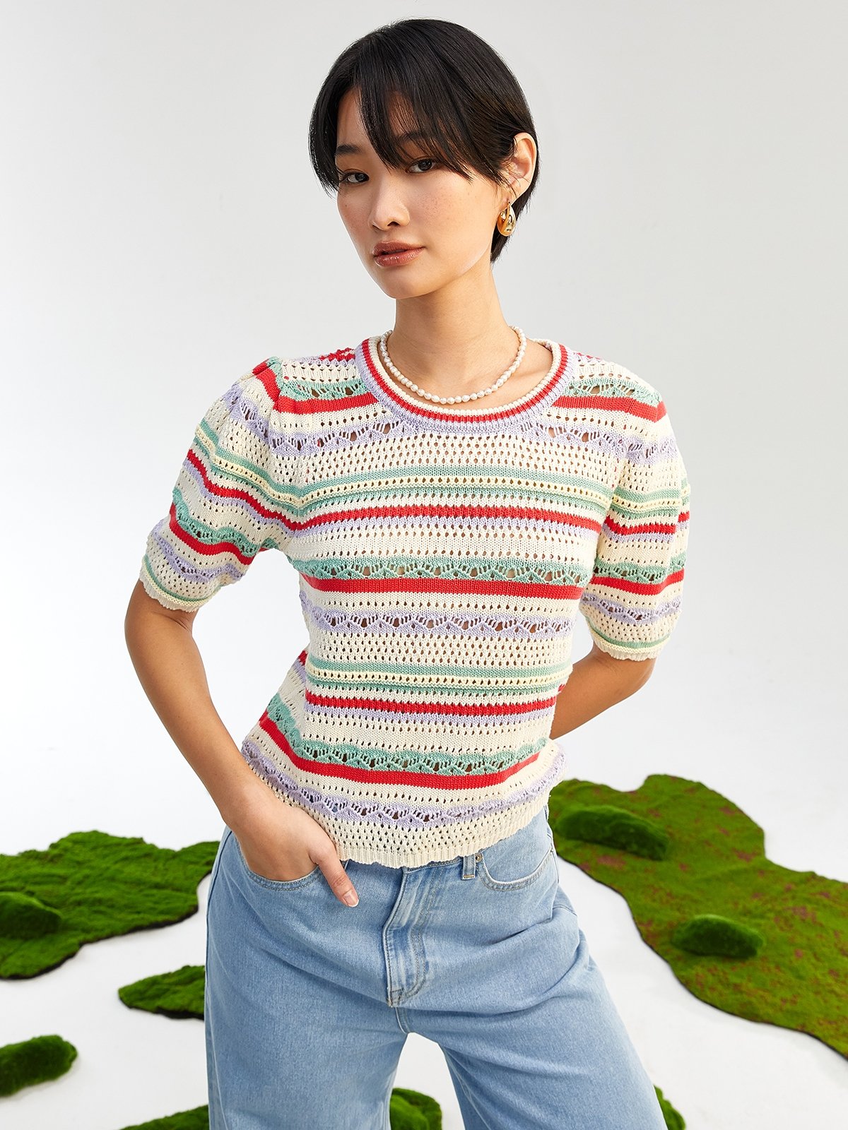 Multi Color Striped Pattern Top with Embroidery main image 1