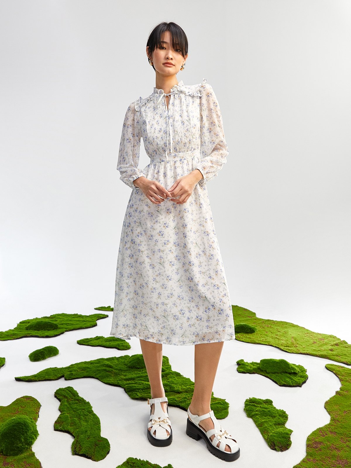 Floral Pattern Midi Dress Multi Color Pomelo Fashion