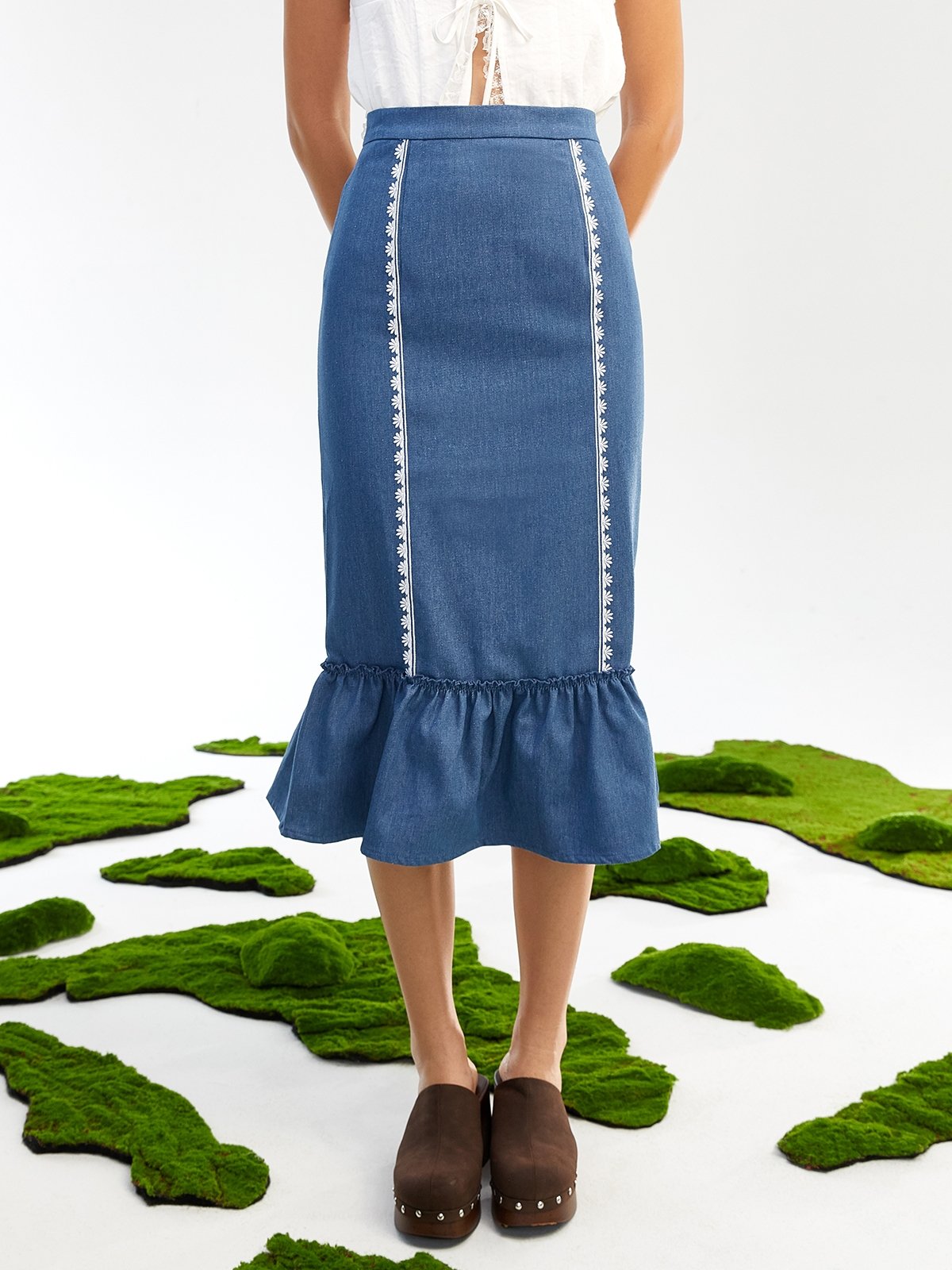 Ruffle Midi Skirt Blue Pomelo Fashion