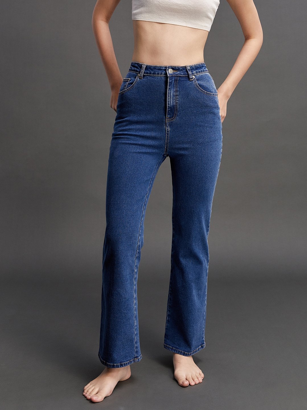 High Waist Jeans - Blue - Pomelo Fashion