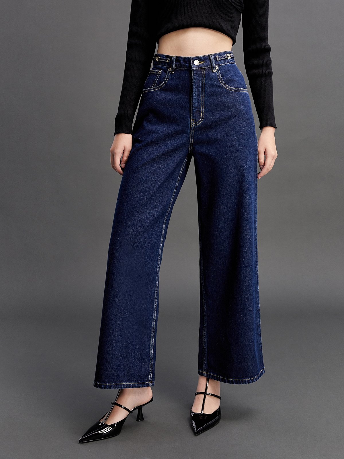 Elastic waist wide leg jeans discount