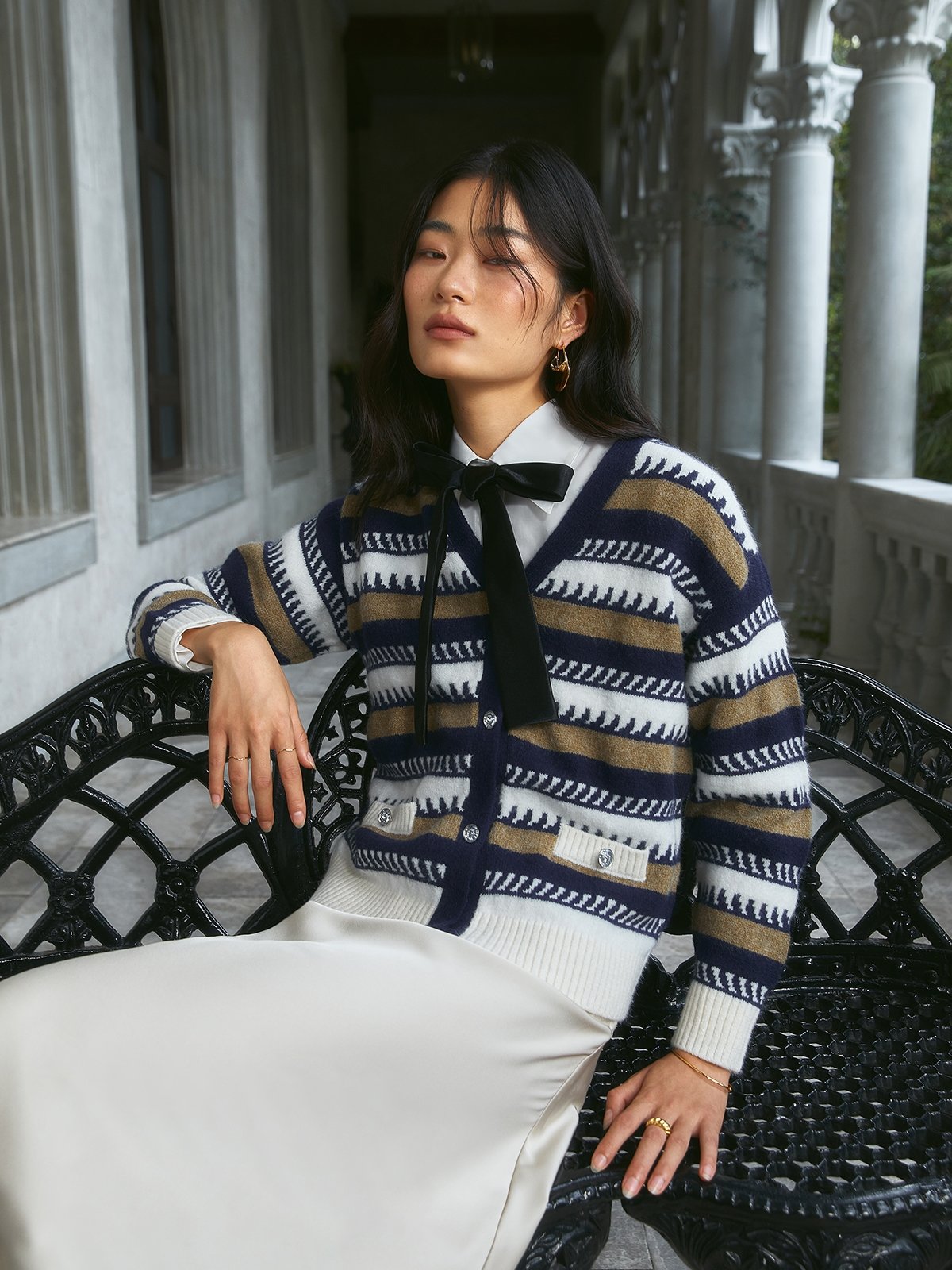 White and on sale blue striped cardigan