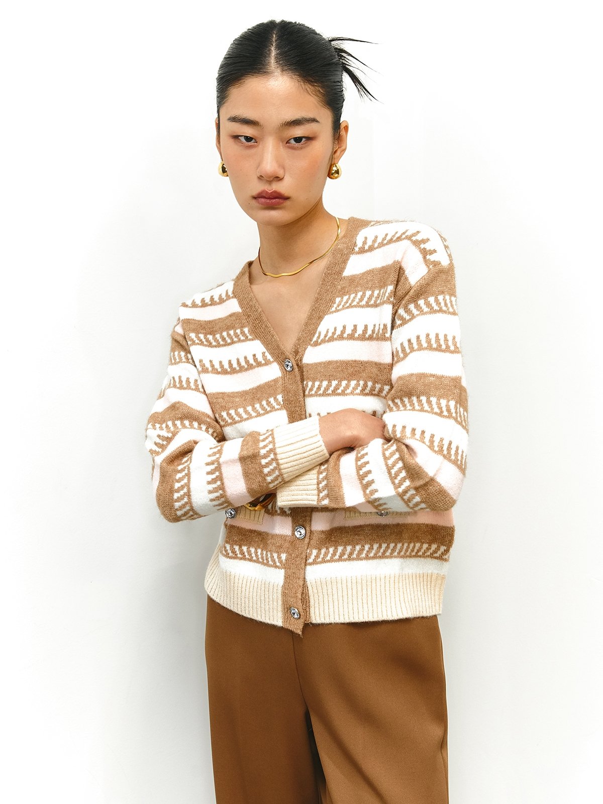 Stripes Cardigan Brown Pomelo Fashion
