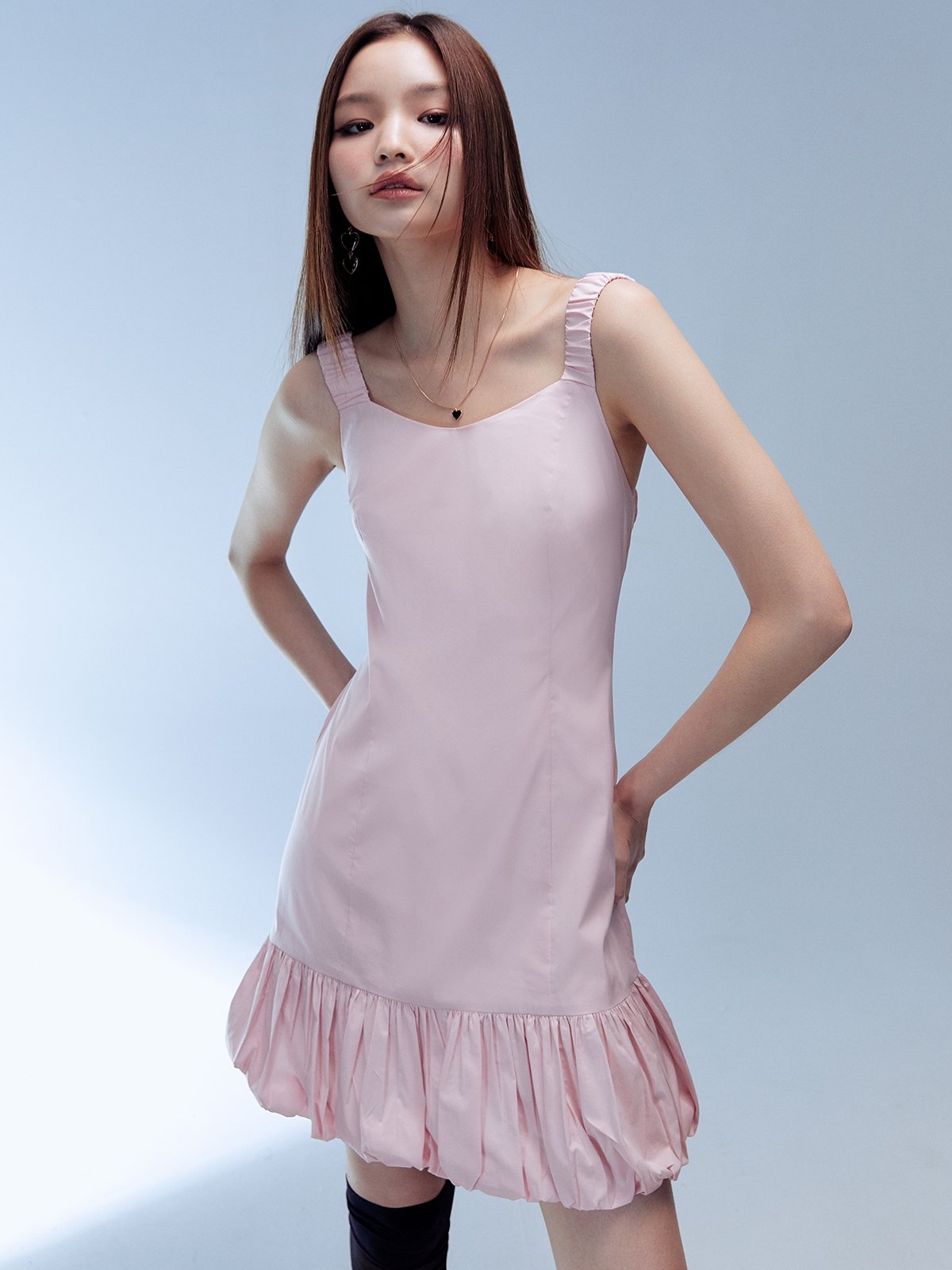 Ruffle Detail Mini Dress - Light Pink - Pomelo Fashion
