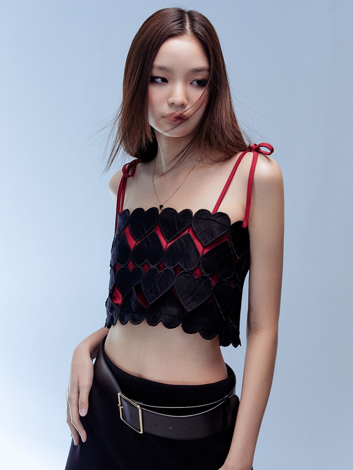 Thin Straps Heart Tops Black