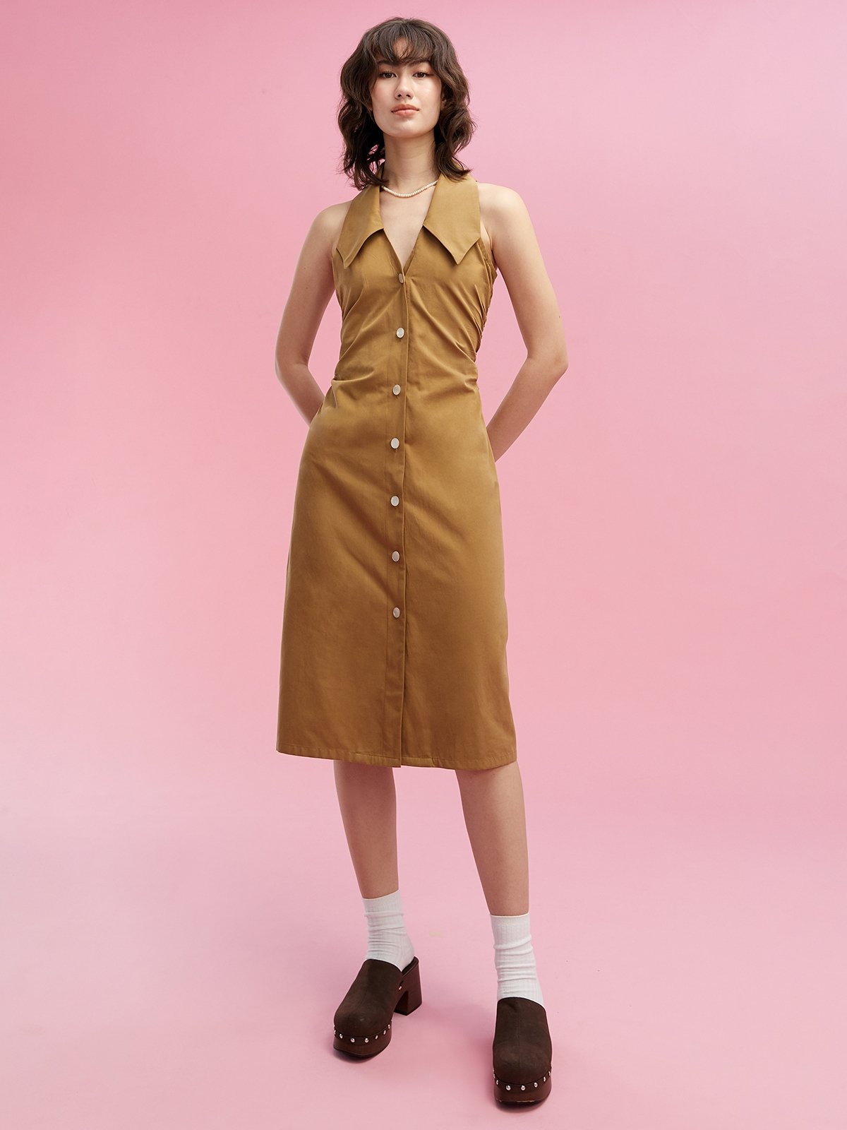 V neck Midi Dress Caramel Pomelo Fashion