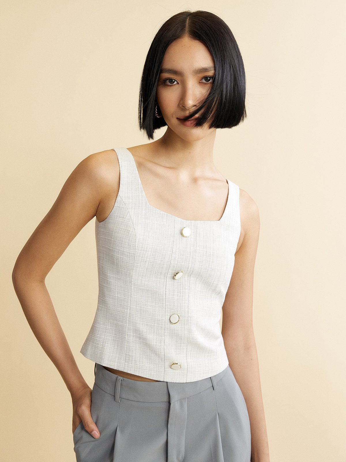 Button Detail Top Light Grey Pomelo Fashion