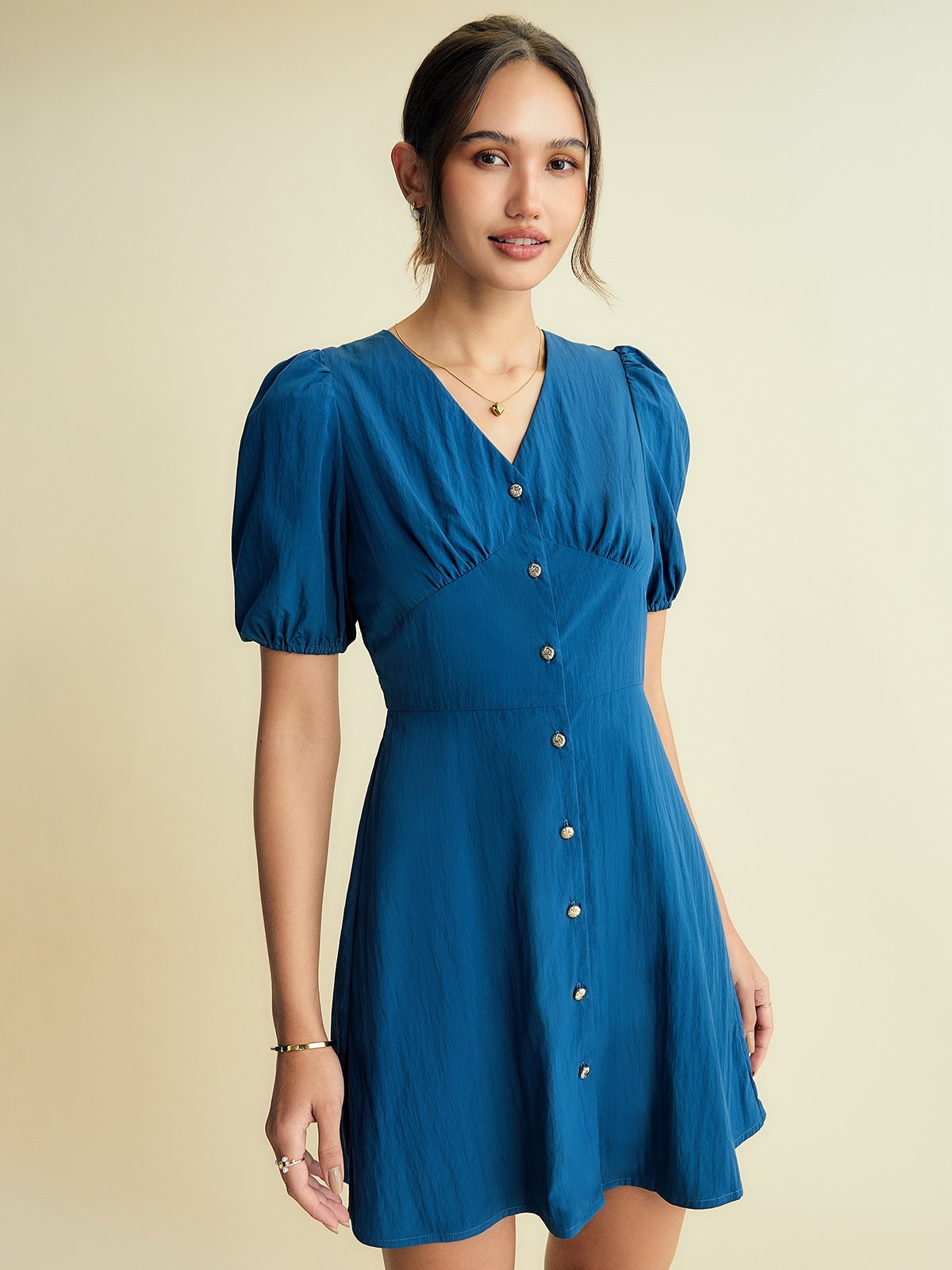Button Detail Mini Dress Blue Pomelo Fashion