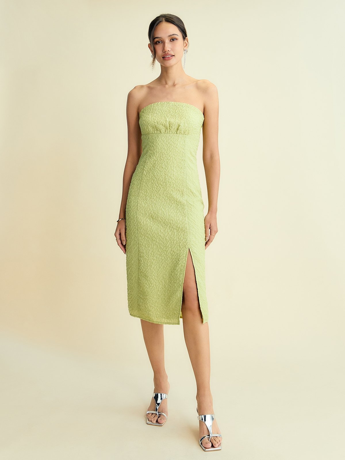 Side Slit Tube Midi Dress Light Green Pomelo Fashion