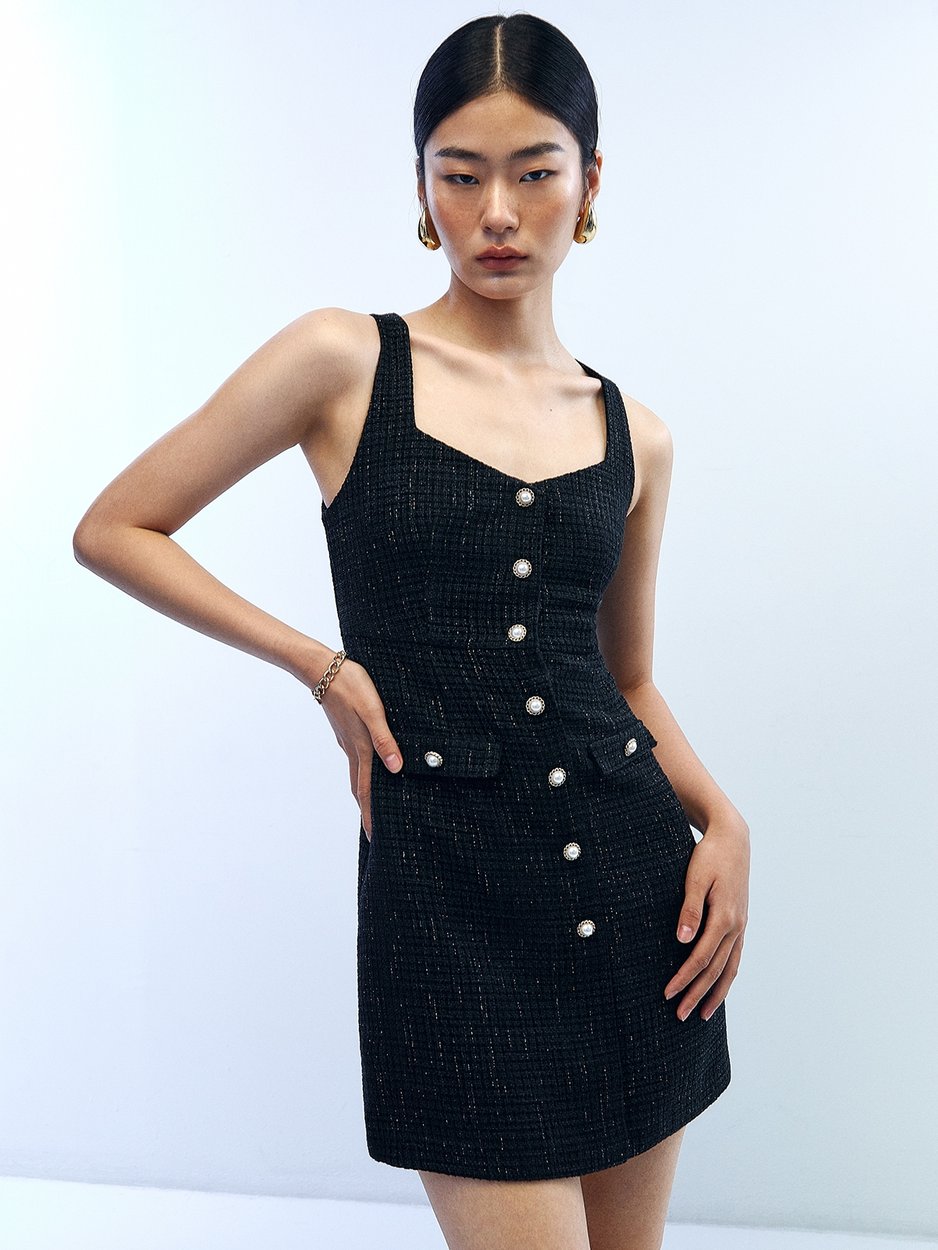 Tweed Mini Dress - Black - Pomelo Fashion Tweed Mini Dress - Black - Pomelo Fashion