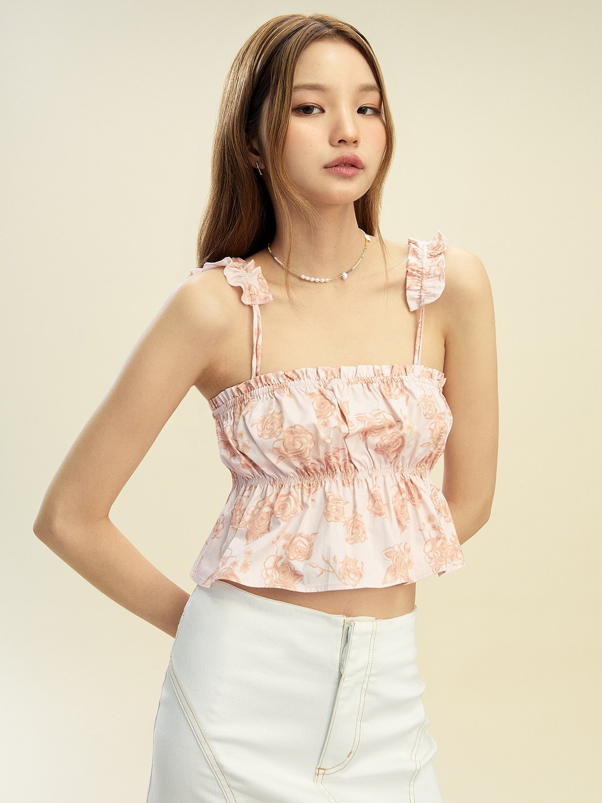 Floral Print Ruched Cami Top Orange Pomelo Fashion