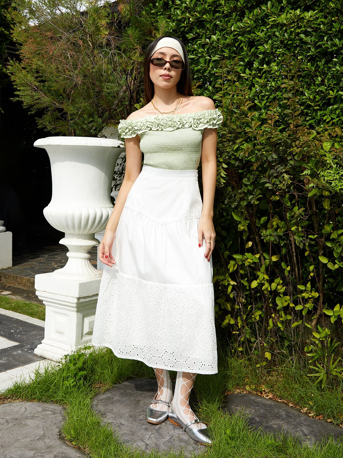 White flowy mid length skirt cheap