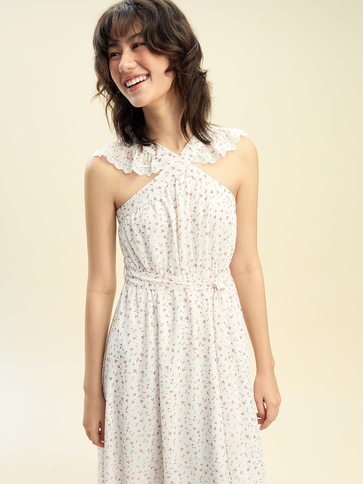 Floral Print Midi Dress White Pomelo Fashion