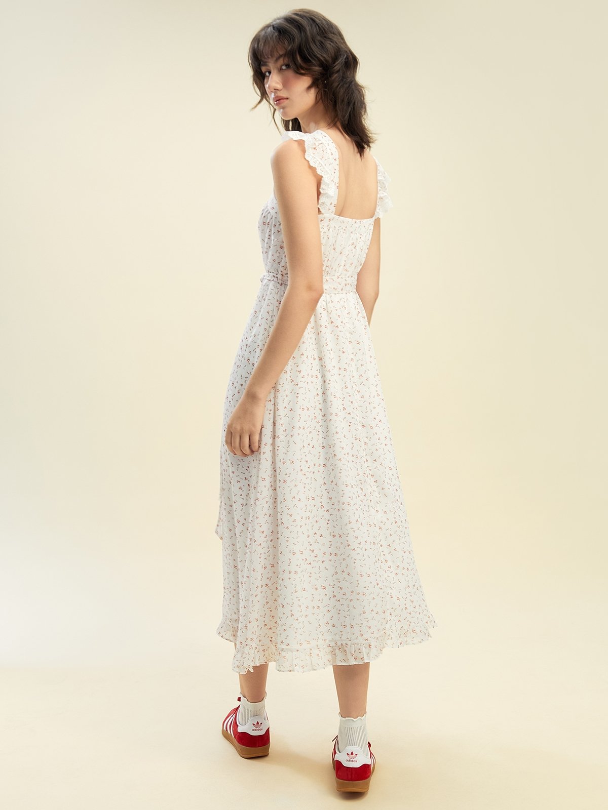 White floral top plunge midi dress
