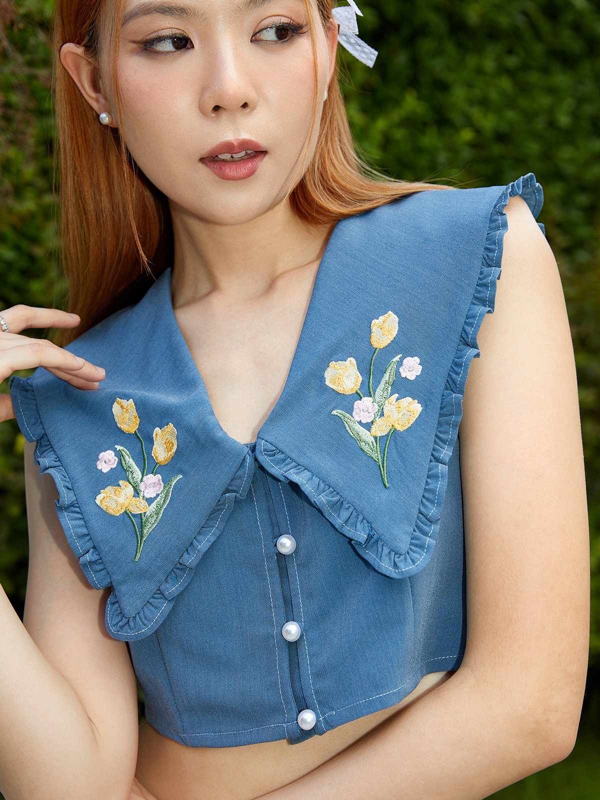Floral Print Collared Blouse - Blue - Pomelo Fashion