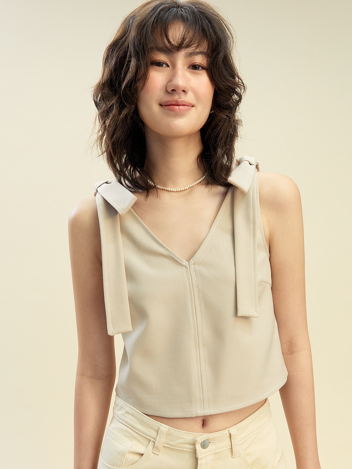 Bow Tie Shoulder Detail Top Beige Pomelo Fashion