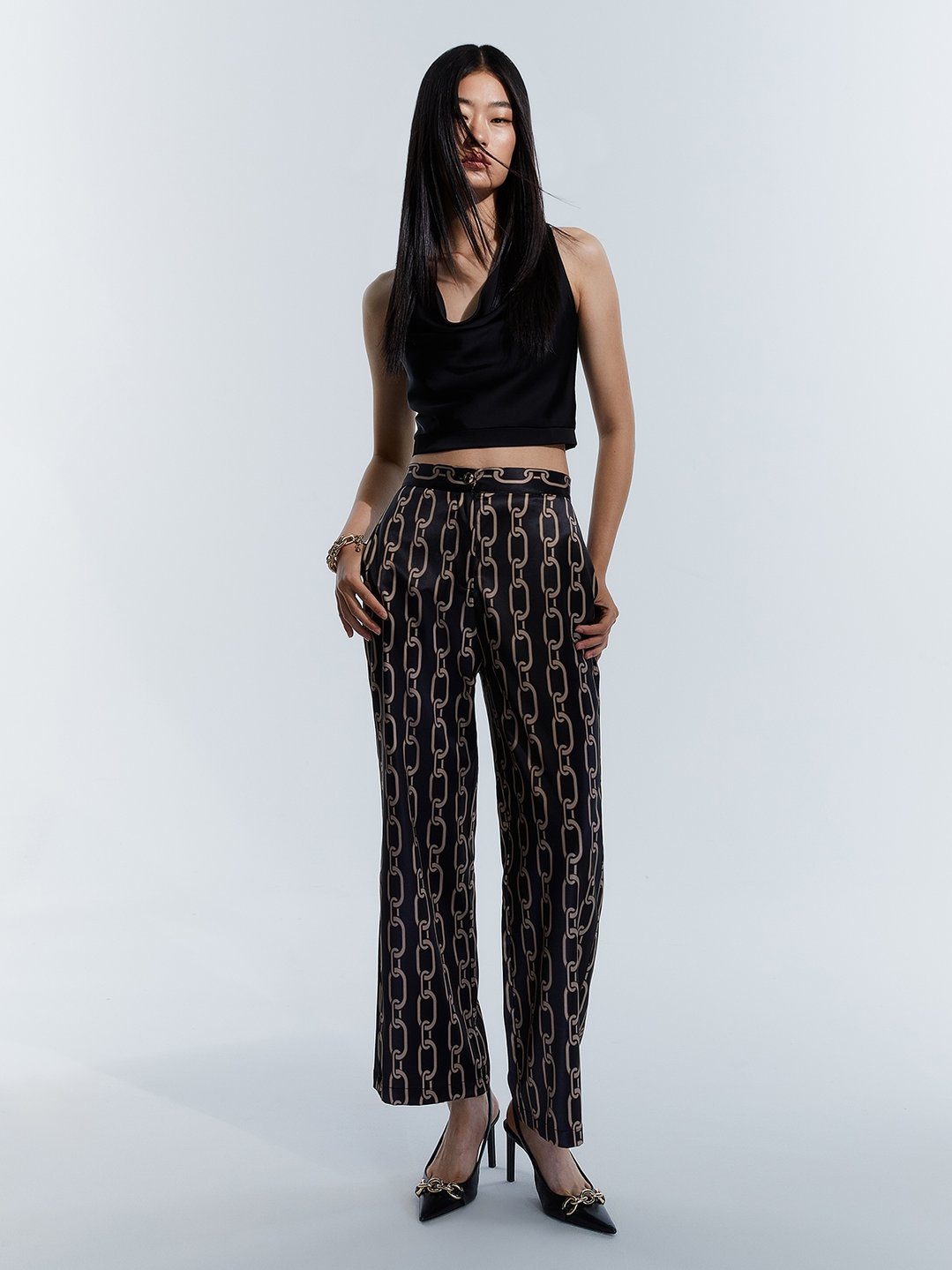 Chain Print Long Pants - Black - Pomelo Fashion