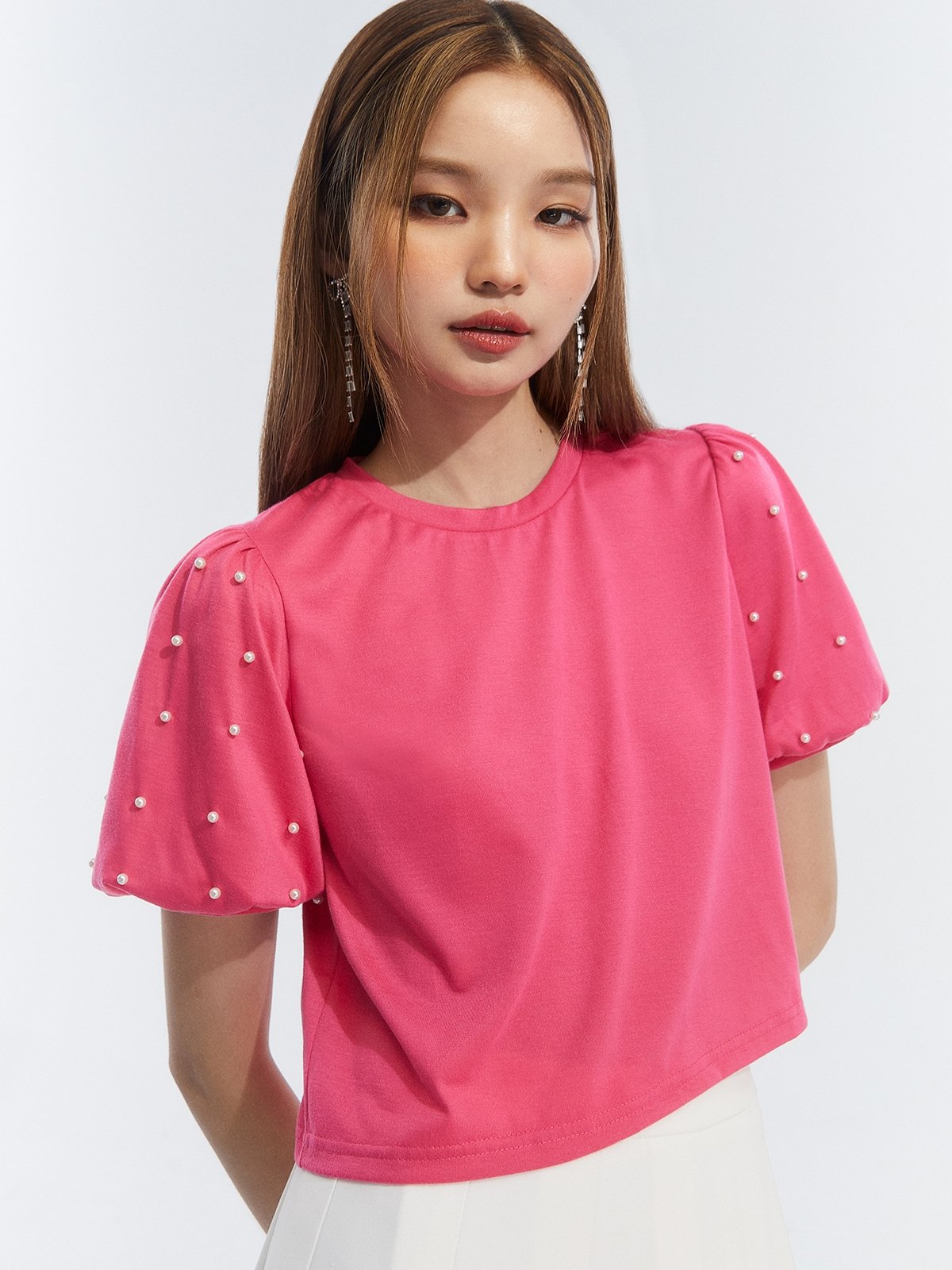 Puff sleeve pearl hot sale top