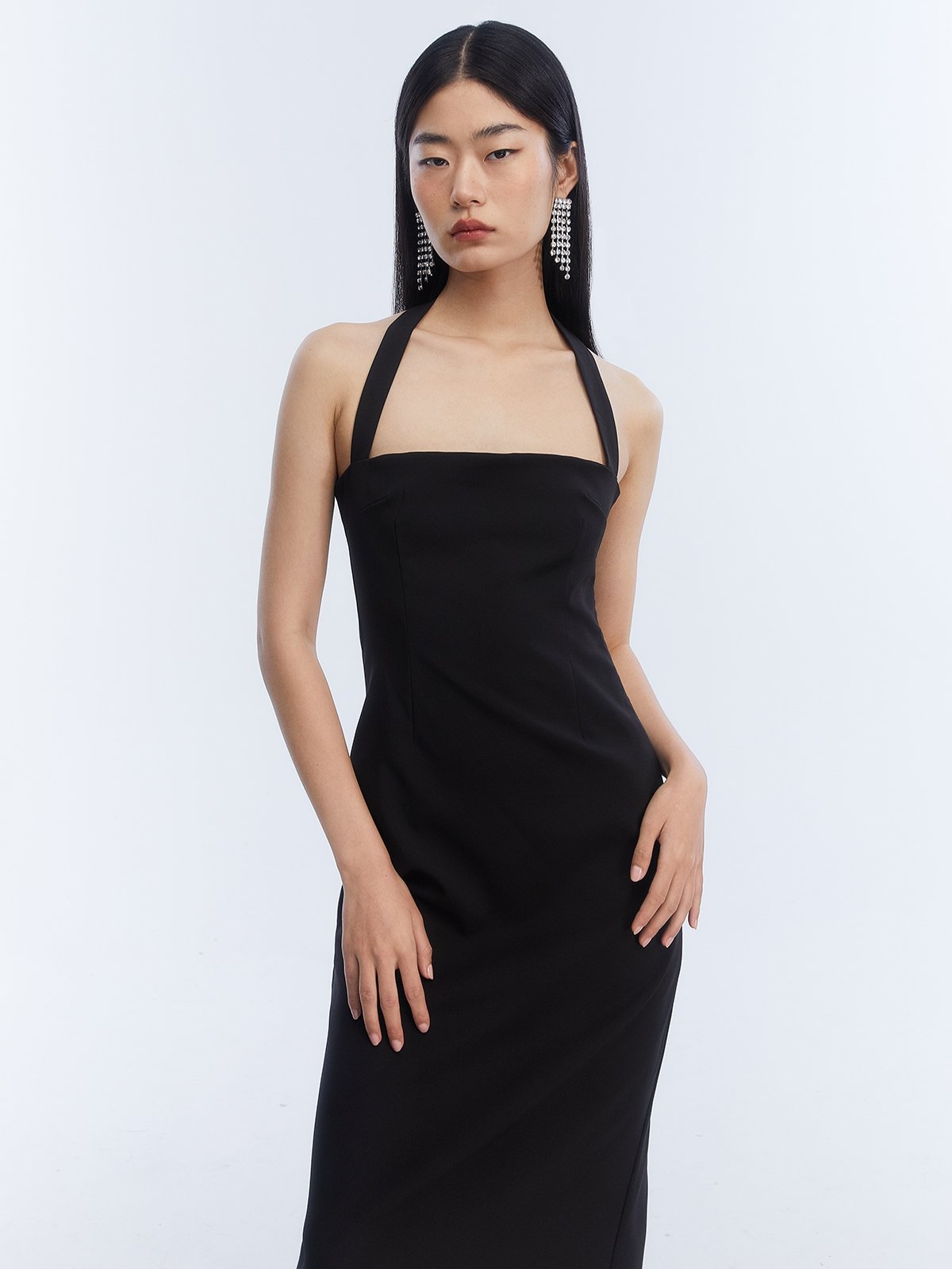 Halter Neck Midi Dress Black Pomelo Fashion