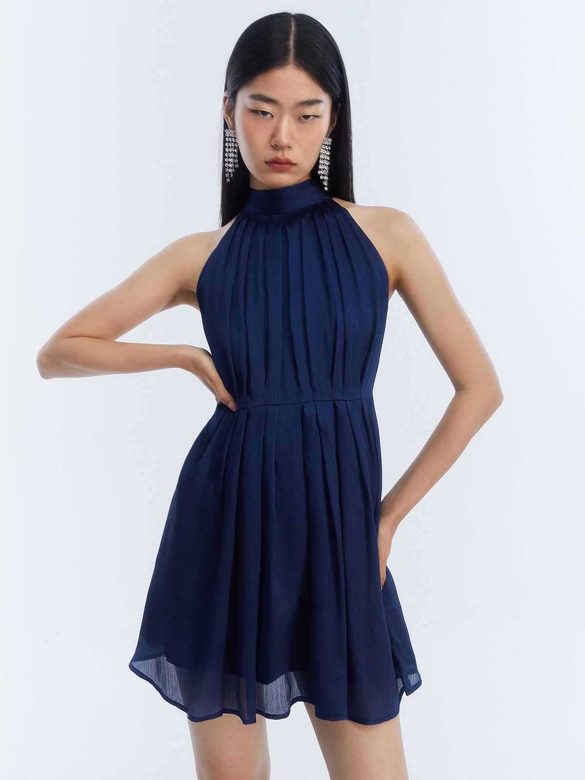 Halter Neck Mini Dress Navy Pomelo Fashion