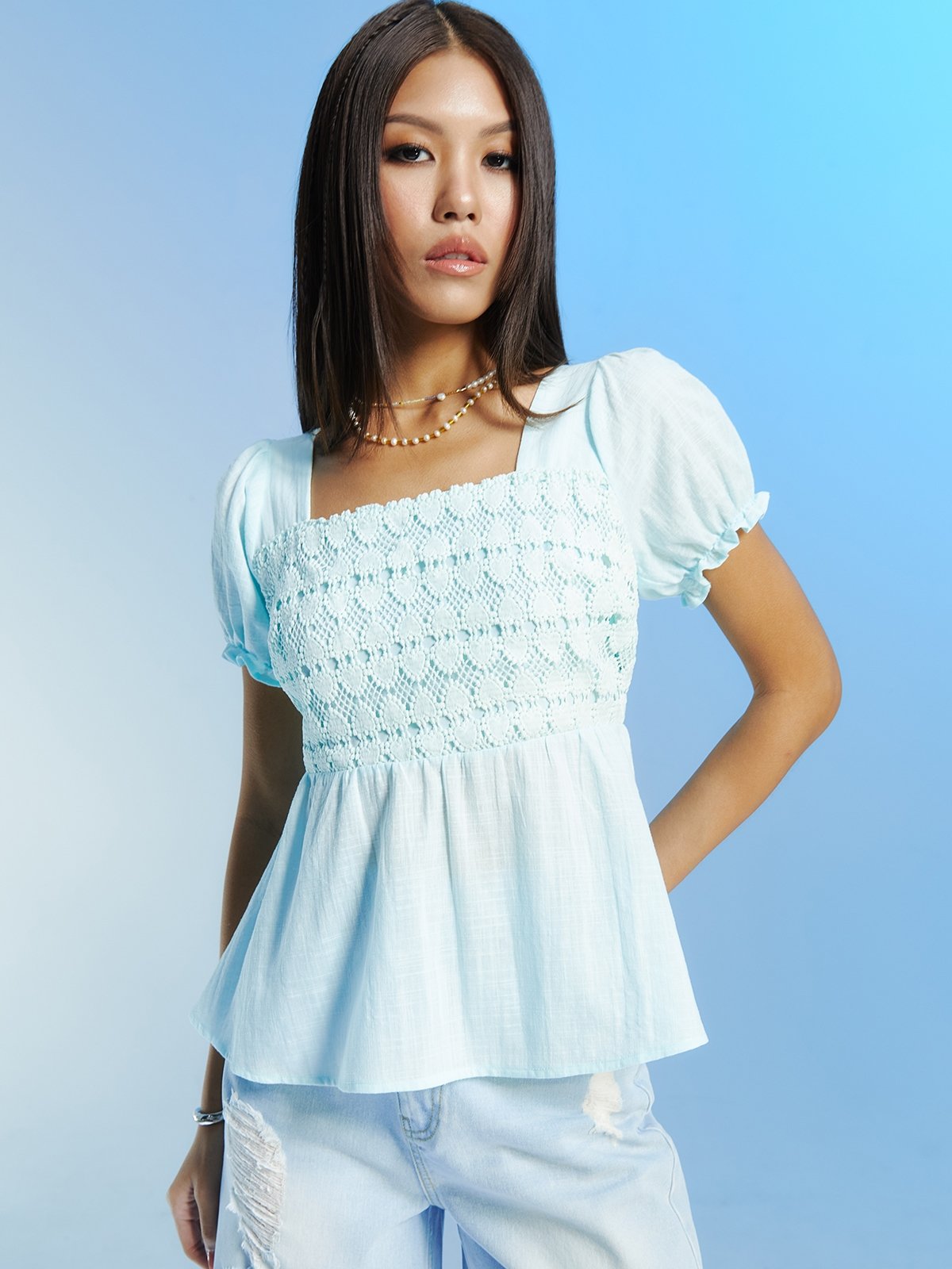 Puff sleeve sheer blouse discount