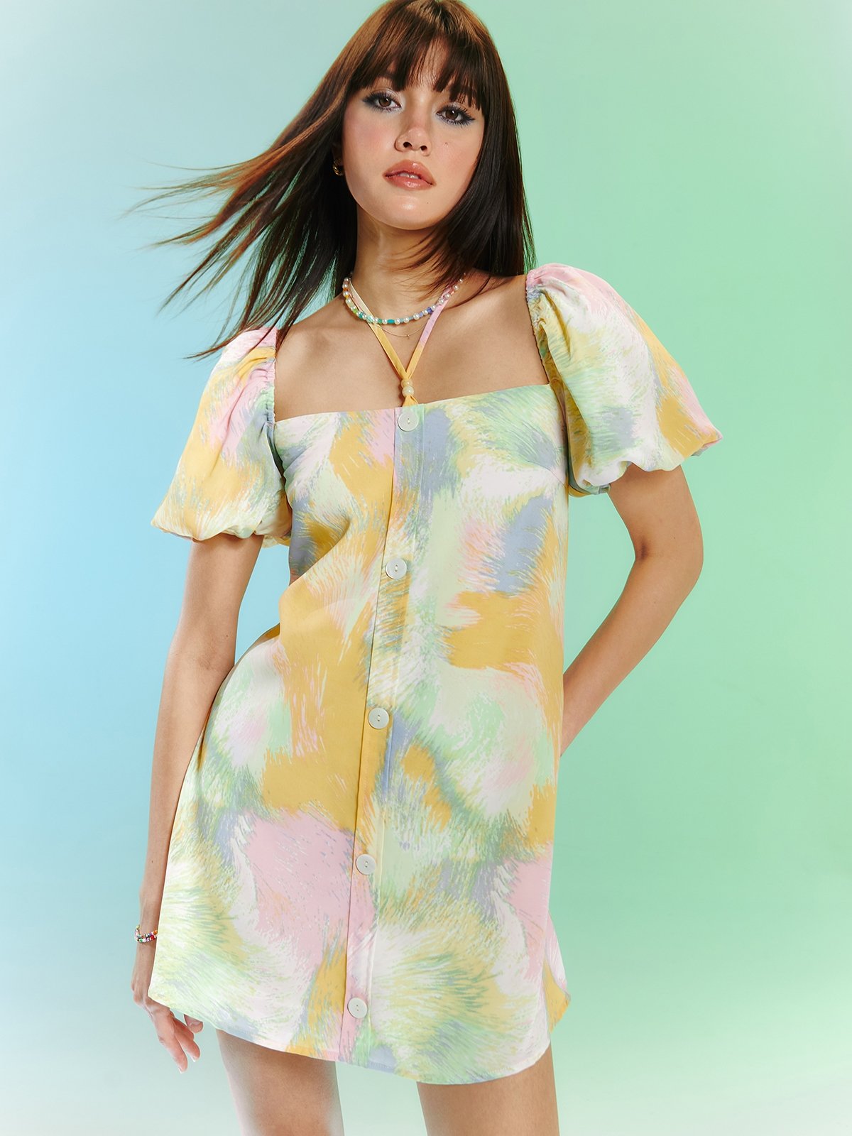 Puffed Sleeve Halter Mini Dress Multi Color Pomelo Fashion