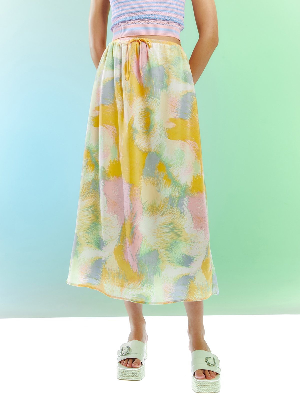 Flowy Elasticated Maxi Skirt Multi Color Pomelo Fashion