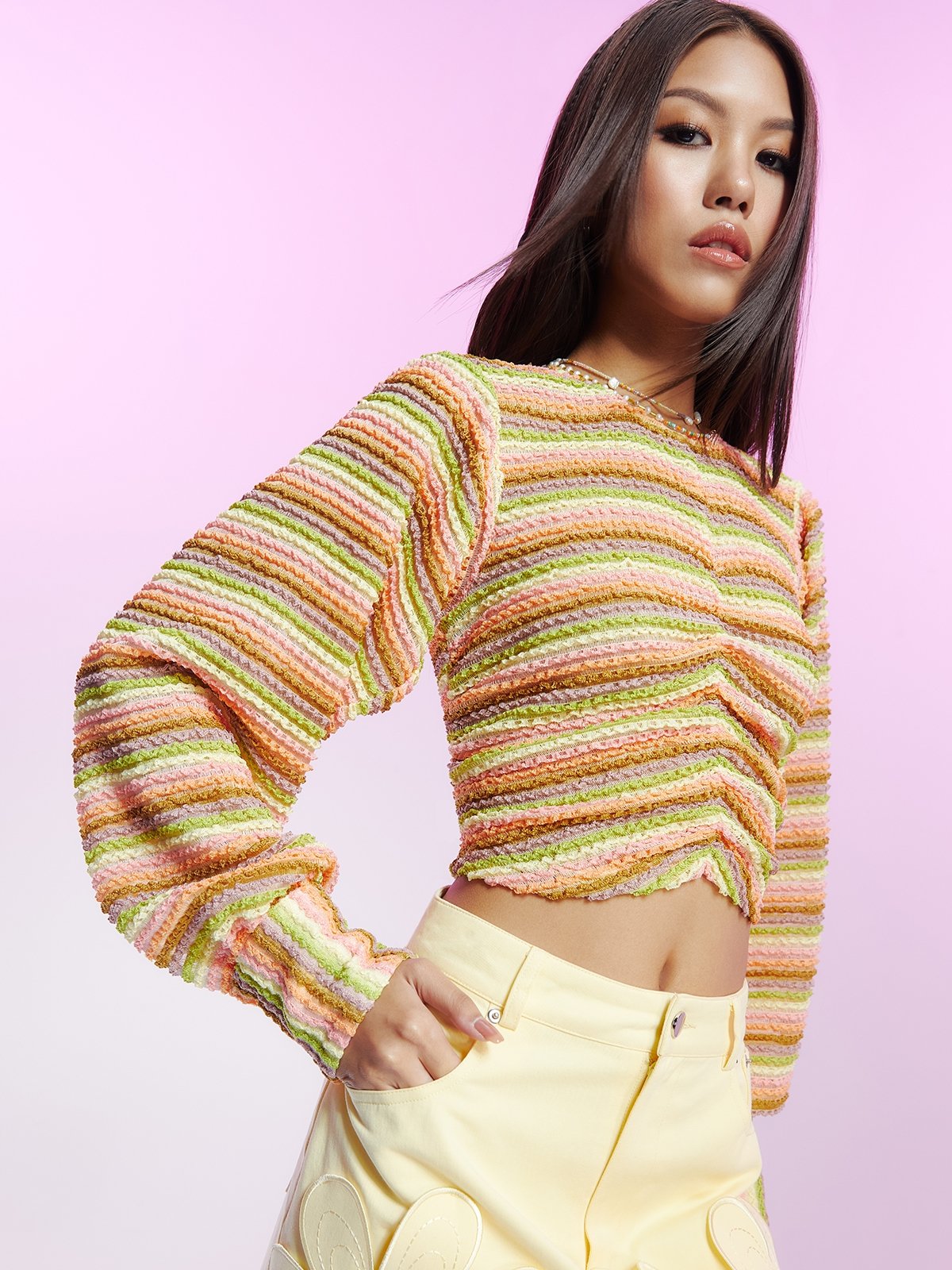 Puffed Sleeve Ruch Detail Blouse - Multi Color - Pomelo Fashion