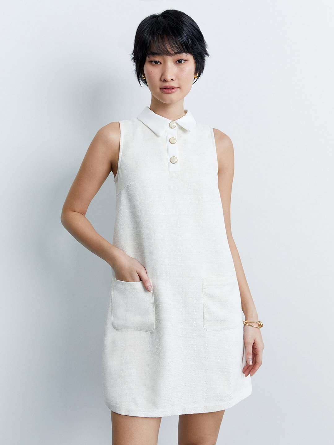 Collared Sleeveless Mini Dress - Cream - Pomelo Fashion