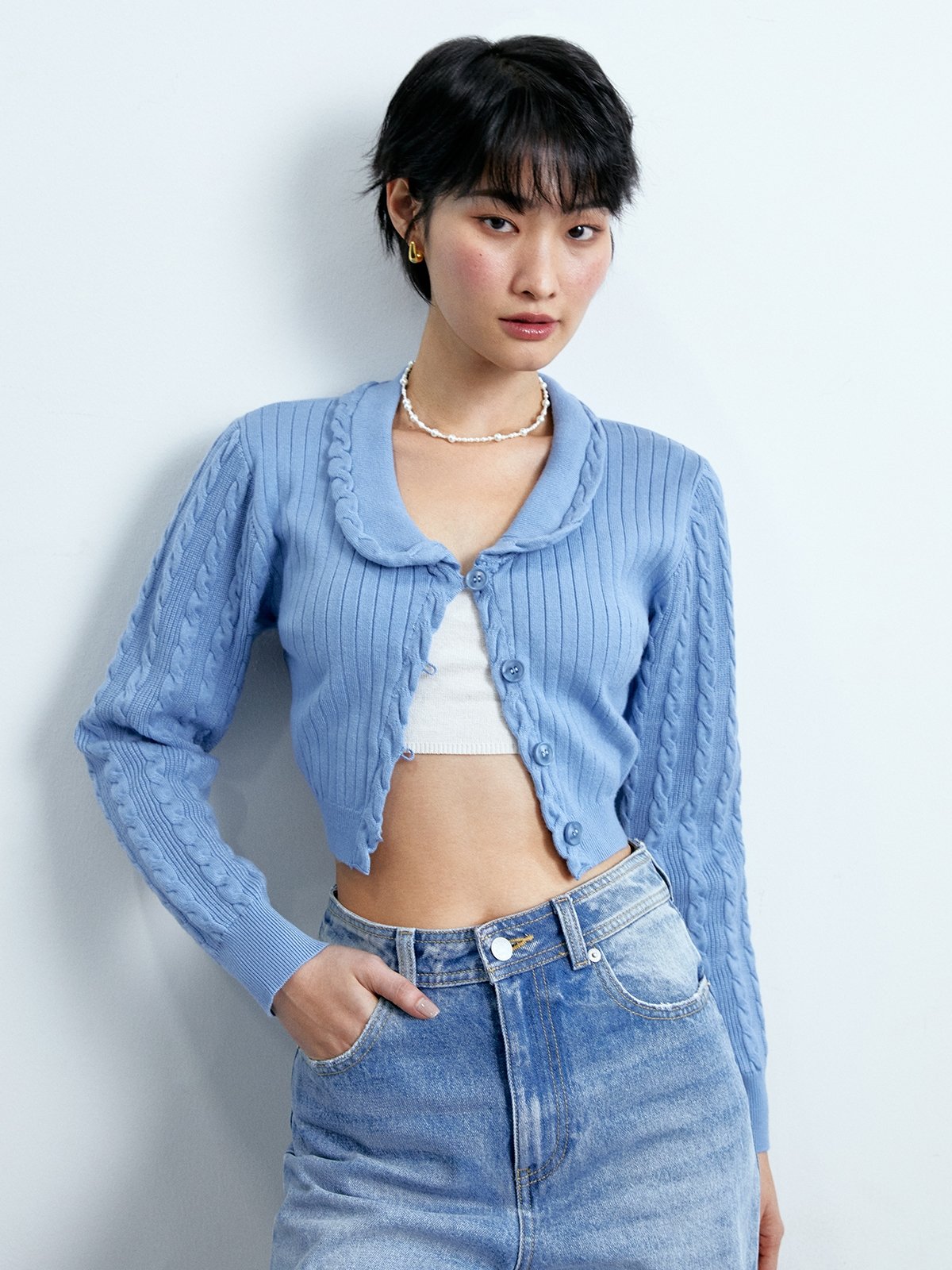 Long Sleeve Knitted Cardigan Blue Pomelo Fashion